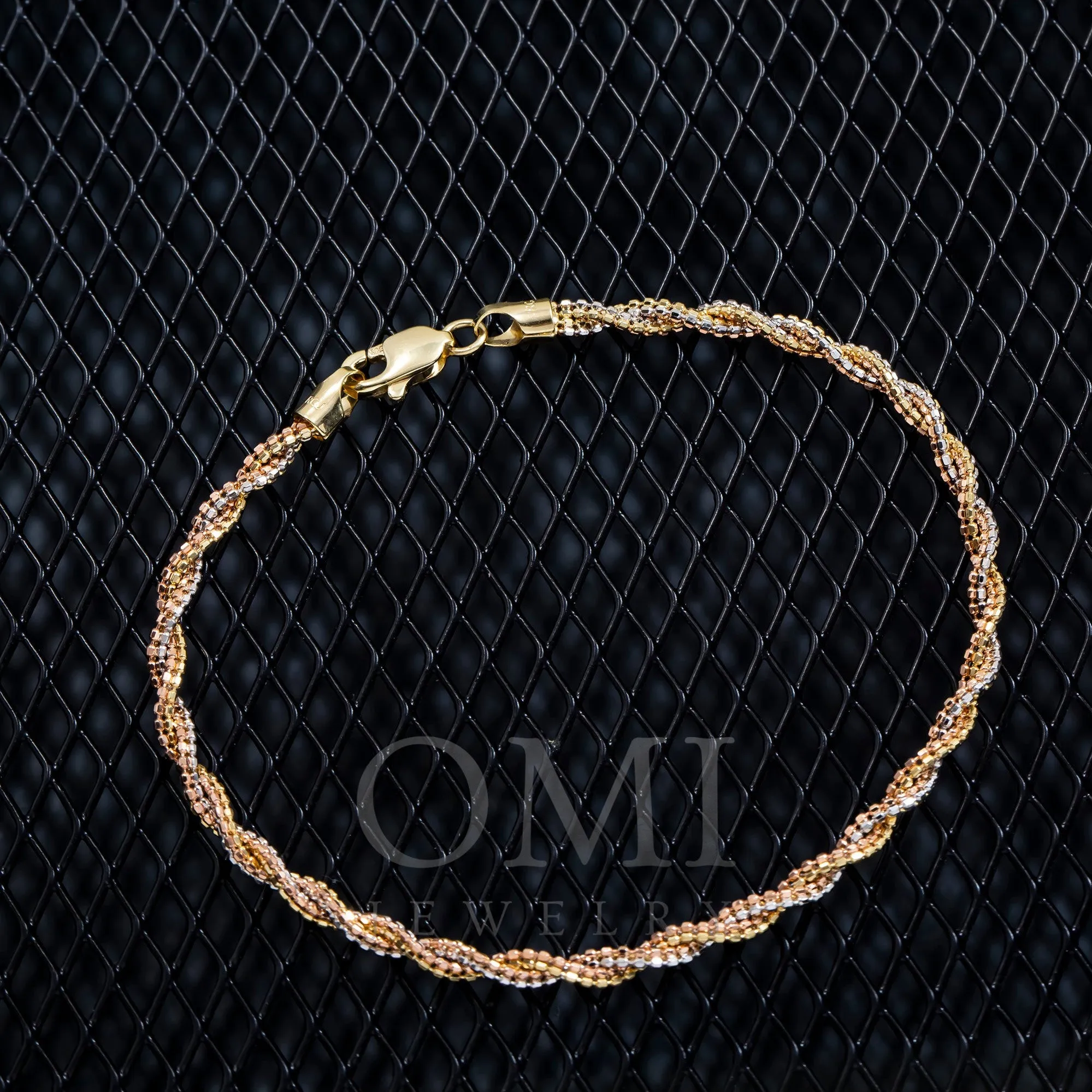 14K GOLD TRI-COLOR DIAMOND CUT BEADED ROPE BRACELET