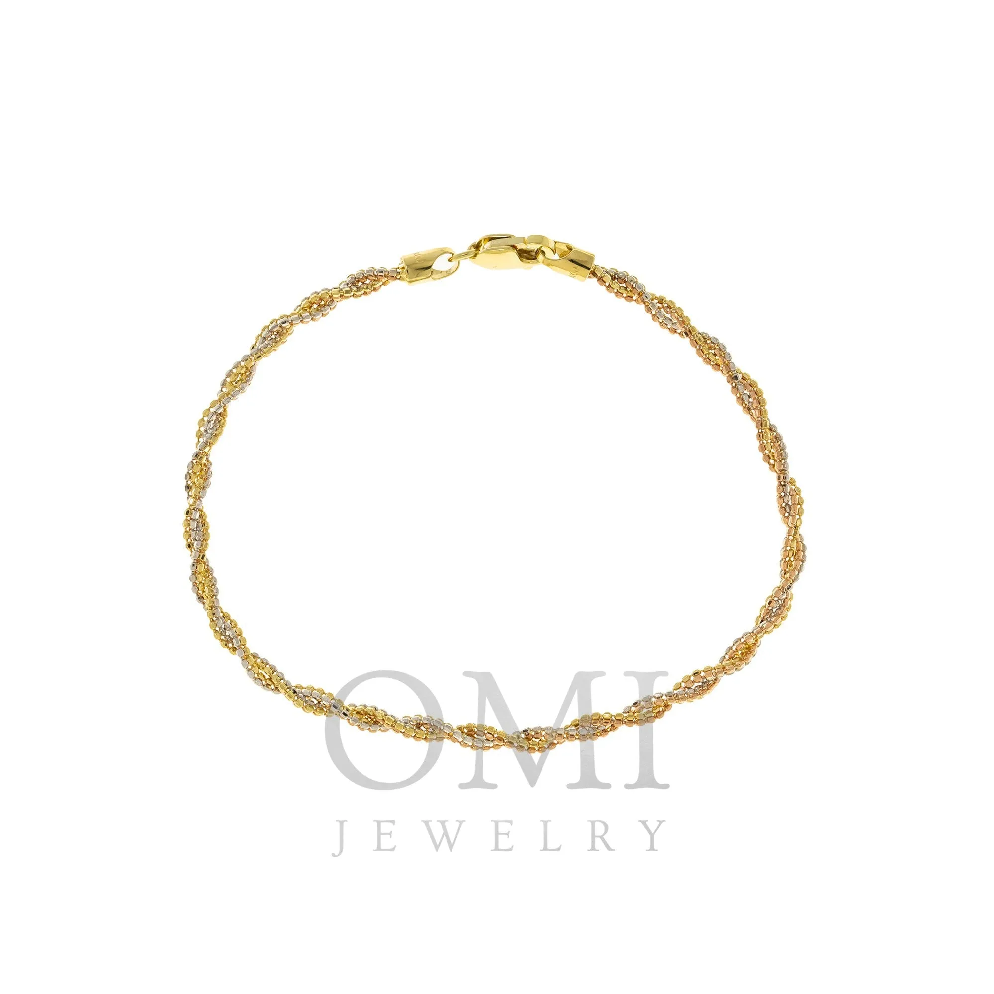 14K GOLD TRI-COLOR DIAMOND CUT BEADED ROPE BRACELET