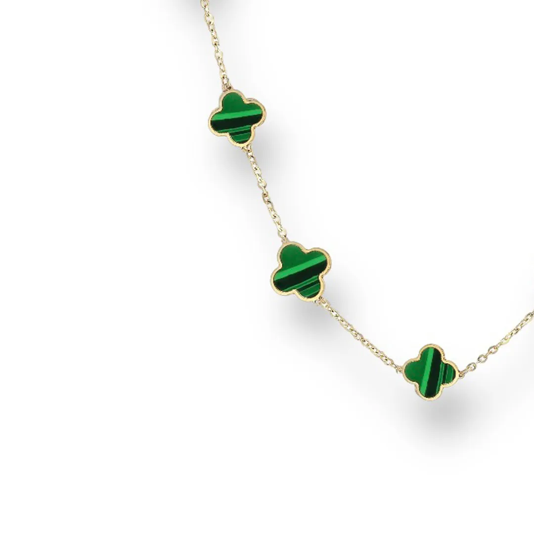 14K Yellow gold green malachite clover choker-9092