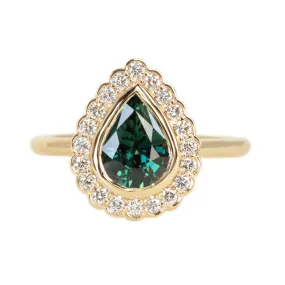 1.54ct Pear Sapphire and Scalloped Antique Style Diamond Halo Ring in 14k Yellow Gold