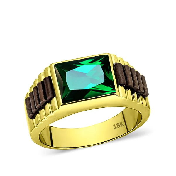 18K Hallmarked Solid Yellow Gold Mens Band Ring with Green Emerald Gemstone