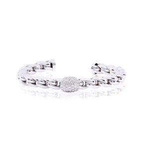 18K WHITE GOLD 7MM CURB LINK CUFF BRACELET WITH PAVE DIAMOND TOP 0.70CTW