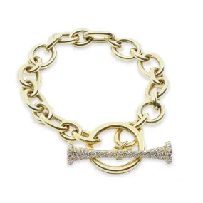 18K YELLOW GOLD CABLE CHAIN BRACELET WITH LARGE PAVE DIAMOND TOGGLE CLASP 0.86CTW