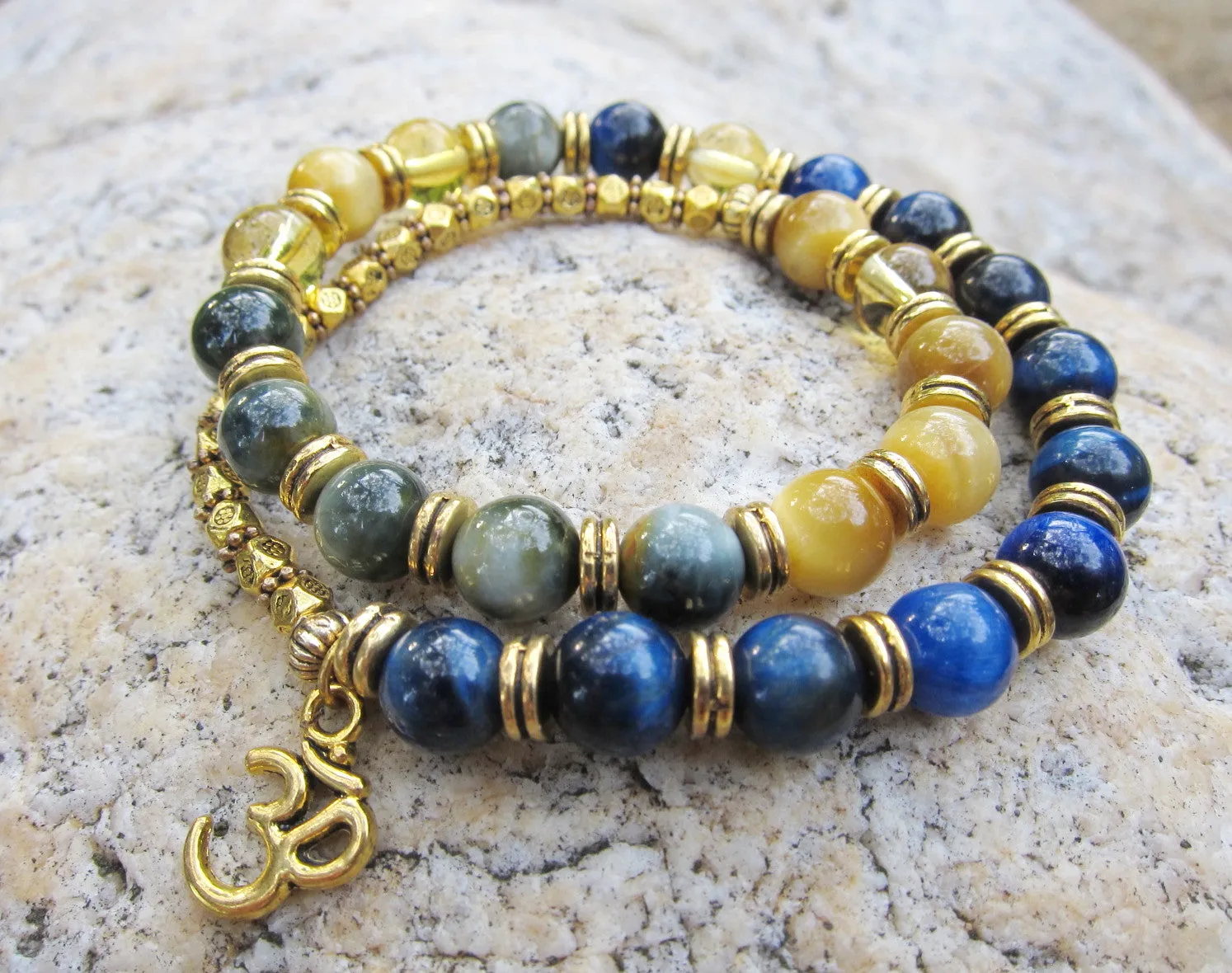 27 Bead Mala Bracelet in Blue Tiger Eye, Eagle Eye, Citrine w/ OM Charm