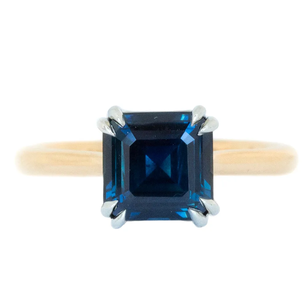 2.83ct GIA Asscher Cut Blue Sapphire in Classic Cathedral Double Prong Solitaire