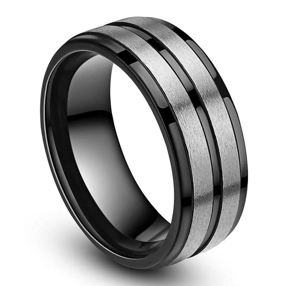 8mm Black Groove Brushed Titanium Fashion Wedding Band