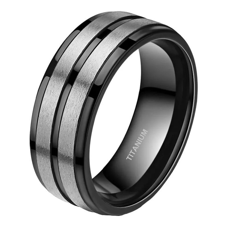 8mm Black Groove Brushed Titanium Fashion Wedding Band