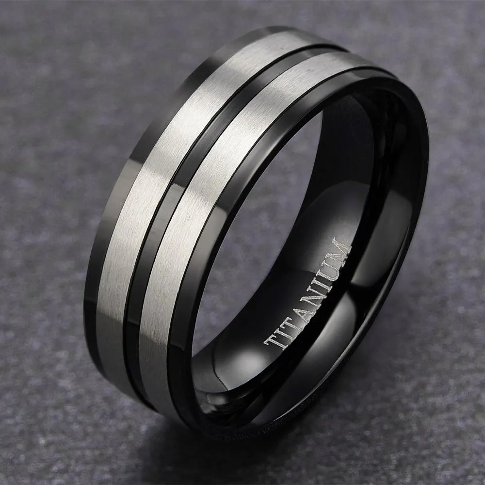 8mm Black Groove Brushed Titanium Fashion Wedding Band