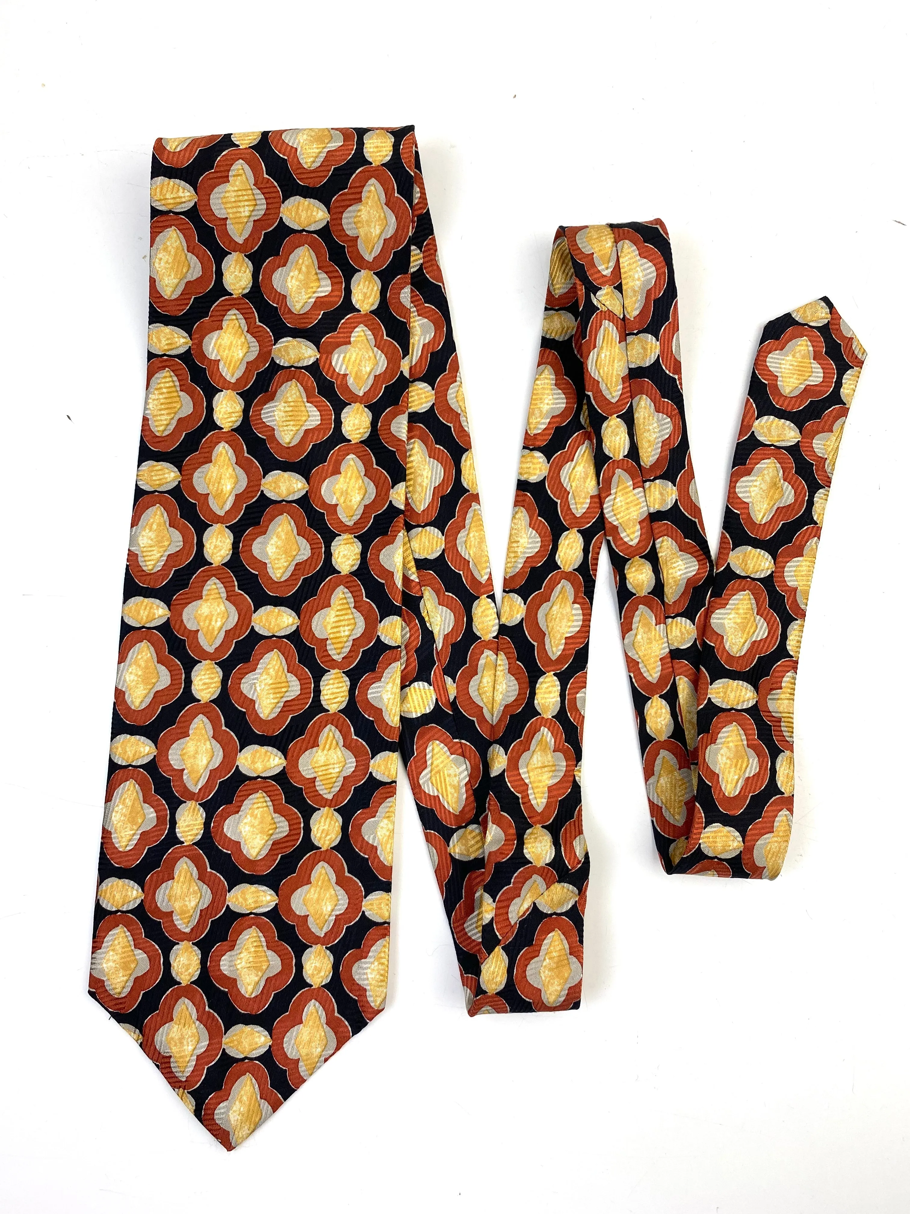 90s Deadstock Silk Necktie, Men's Vintage Black/ Gold/ Rust Quatrefoil Pattern Tie, NOS