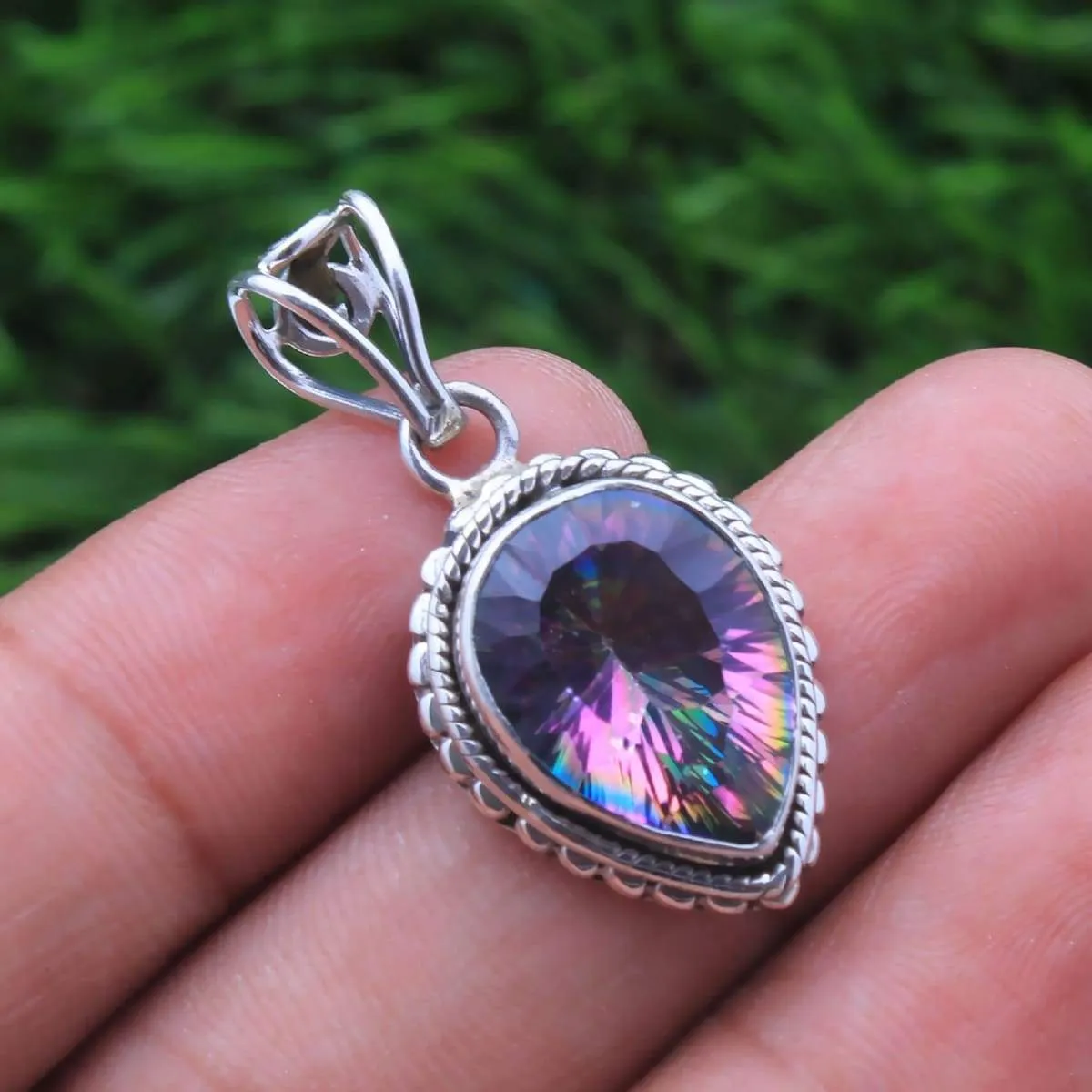 92.5 Sterling Silver Antique Pendant Rainbow Quartz, Handmade Jewelry