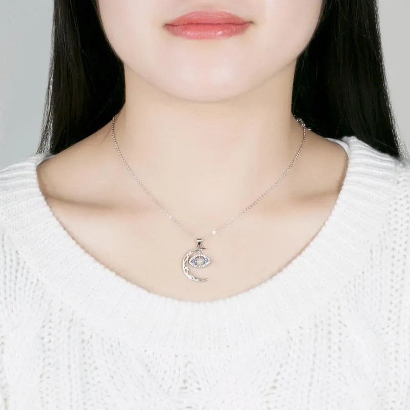 925 Sterling Silver Crescent Moon Eye Pendant Necklace