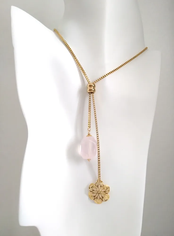 Abstract Gumamela with Rose Quartz Nugget Slider Necklace