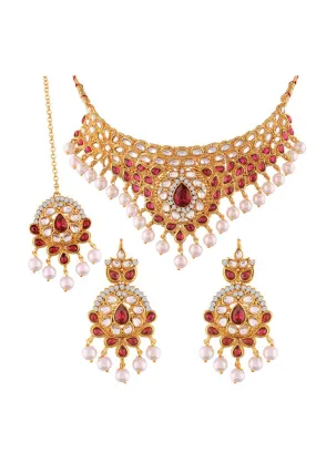 Alloy Choker Necklace Set with Maang Tikka in Pink