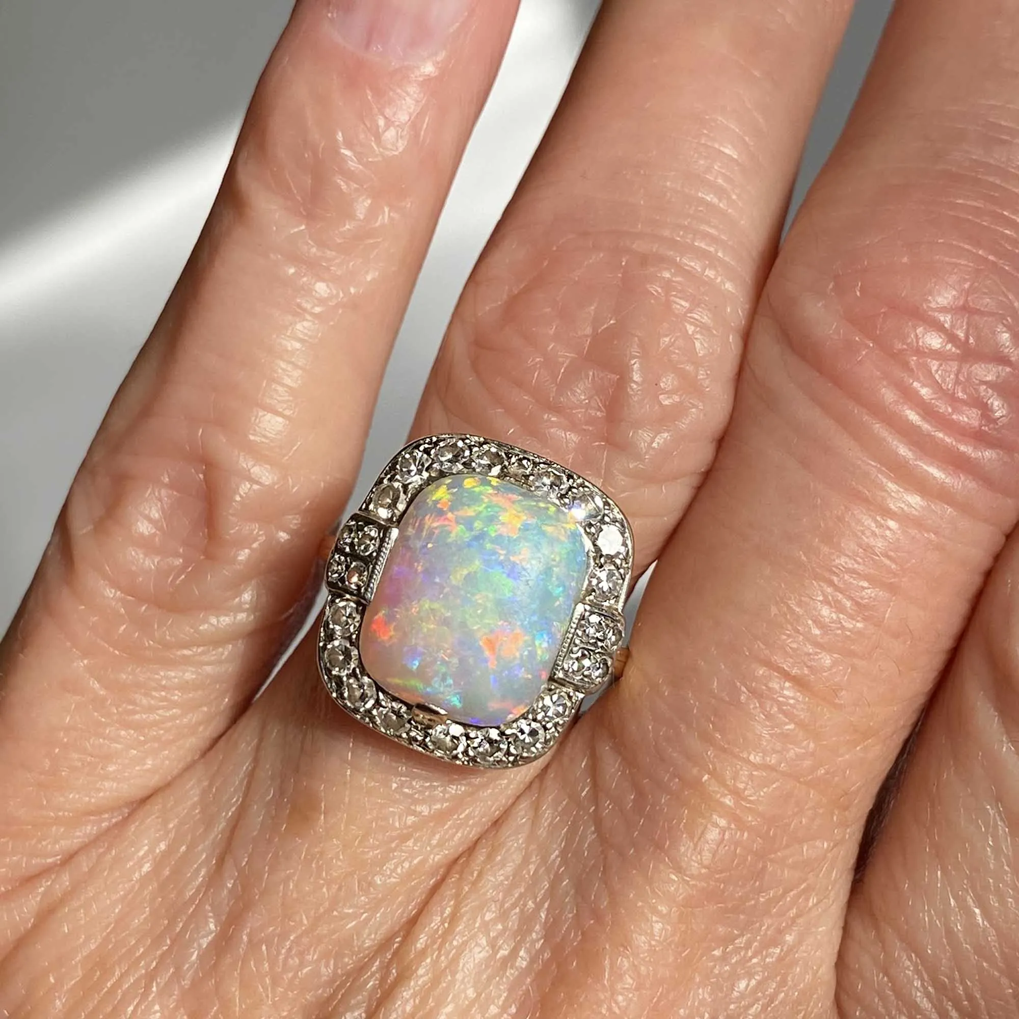 Antique Diamond Halo Opal Ring in Platinum & 14K Gold