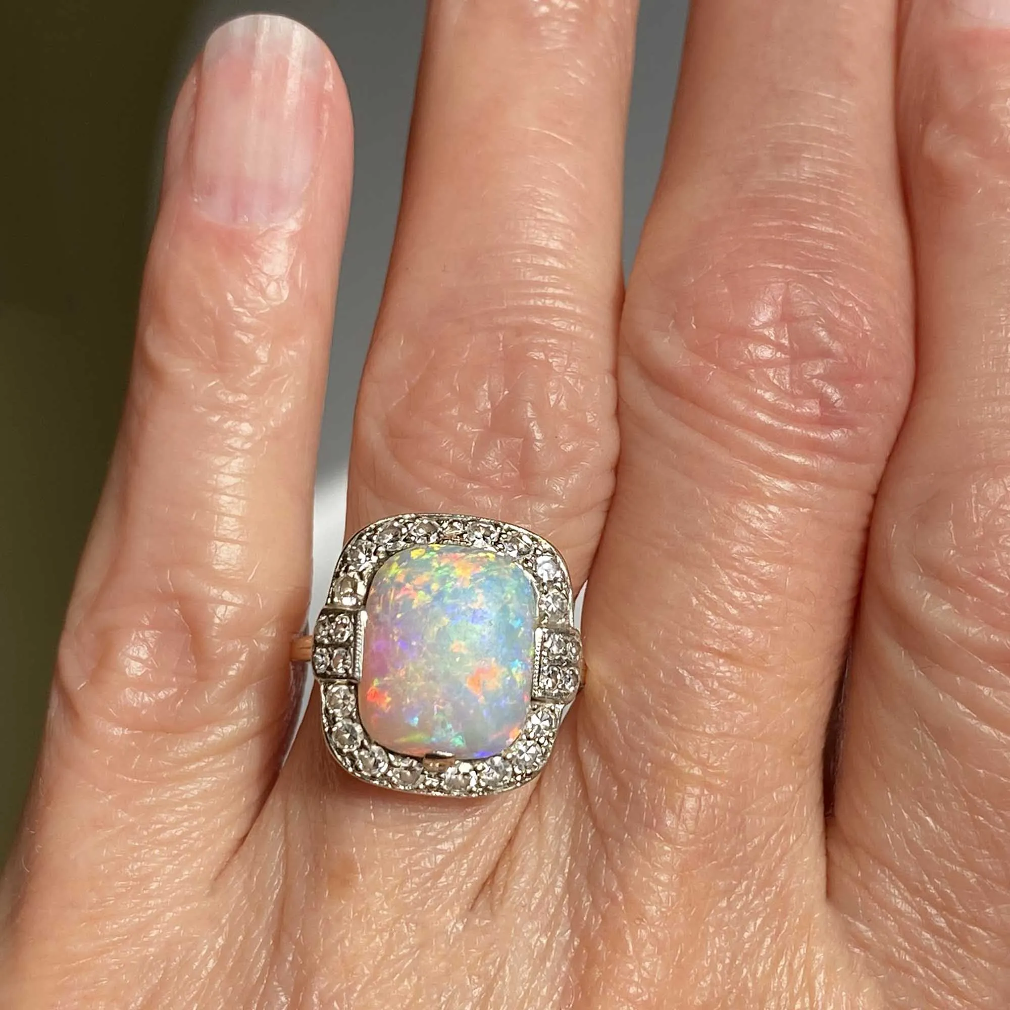 Antique Diamond Halo Opal Ring in Platinum & 14K Gold