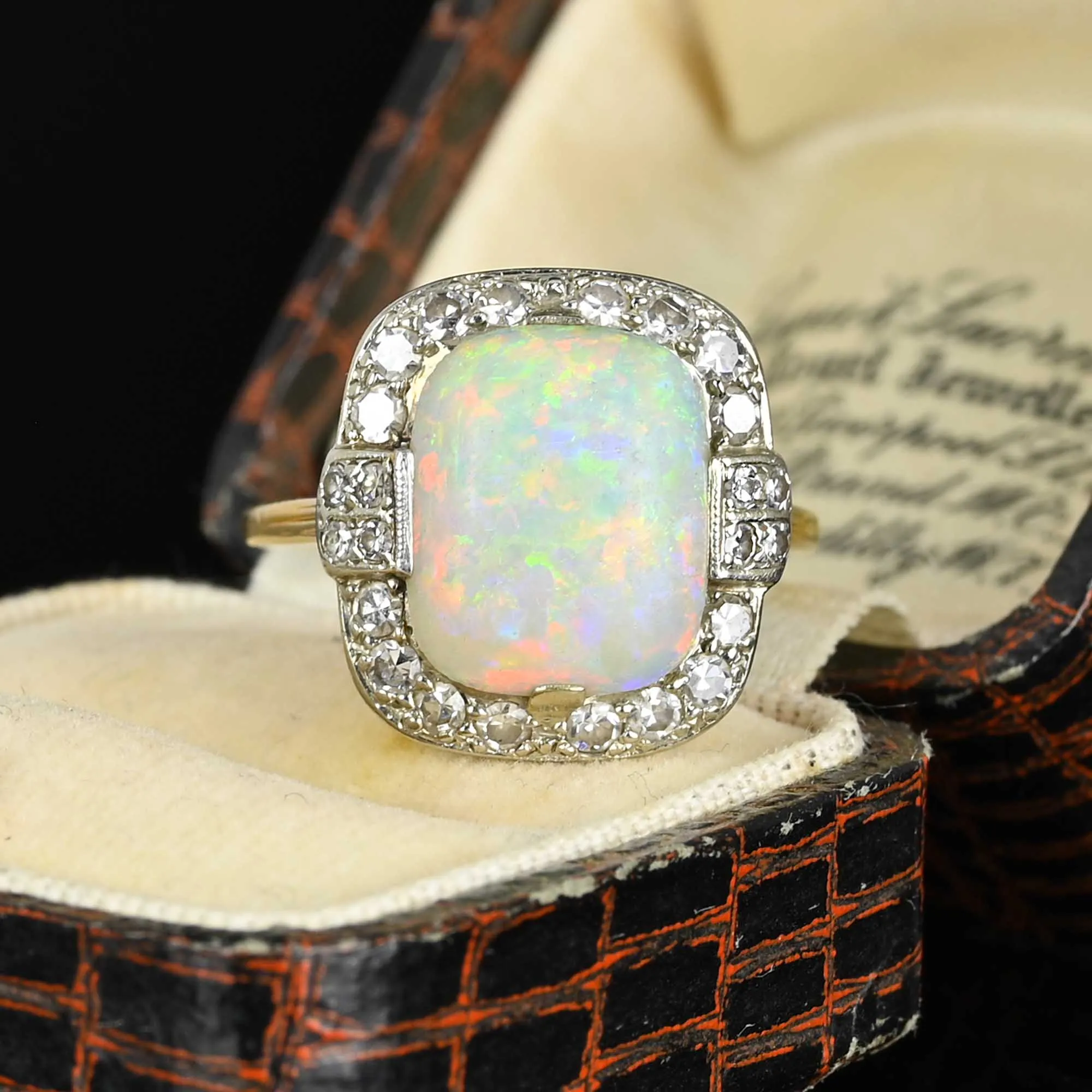 Antique Diamond Halo Opal Ring in Platinum & 14K Gold