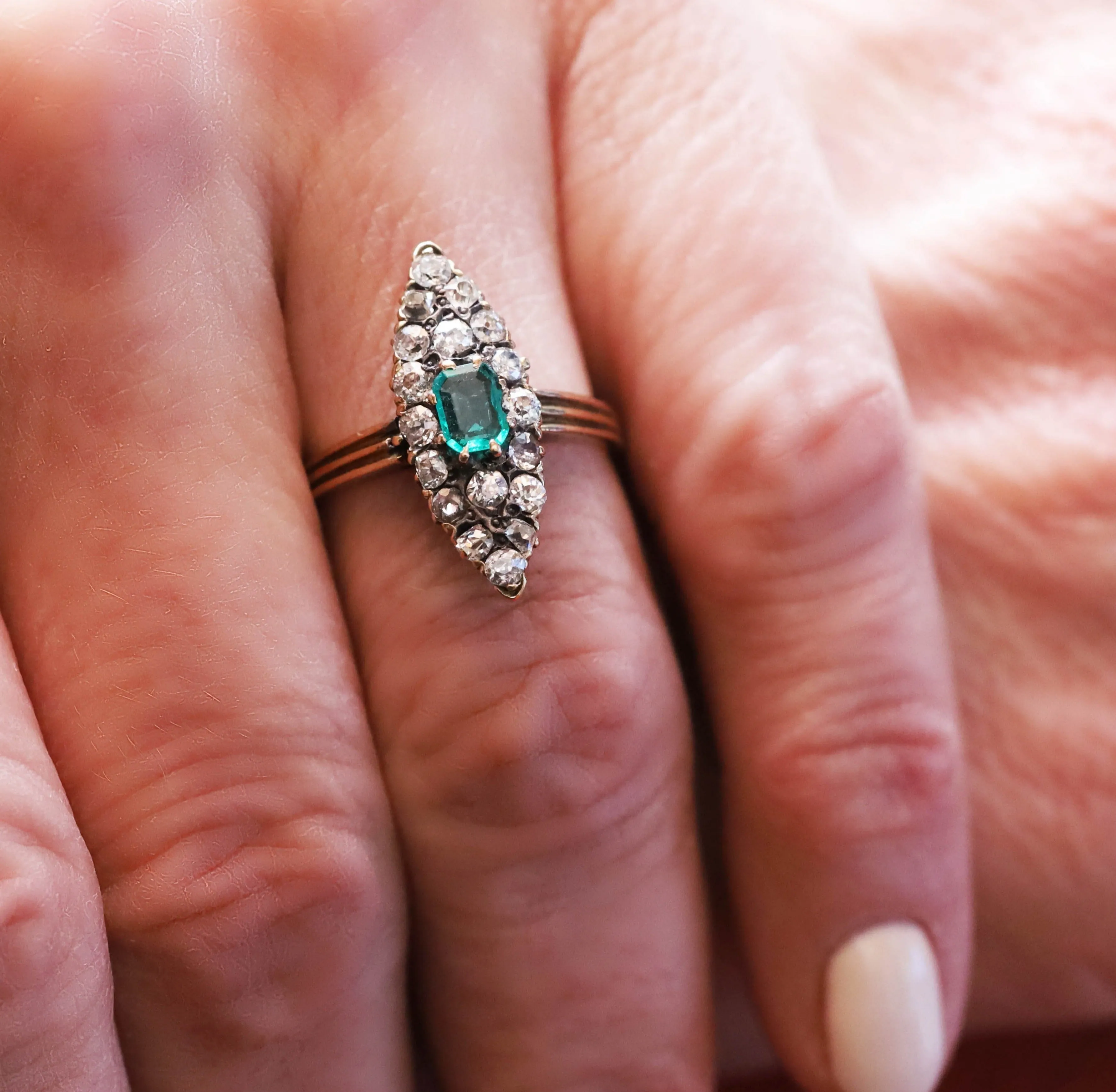 Antique Navette Emerald & Diamond Ring