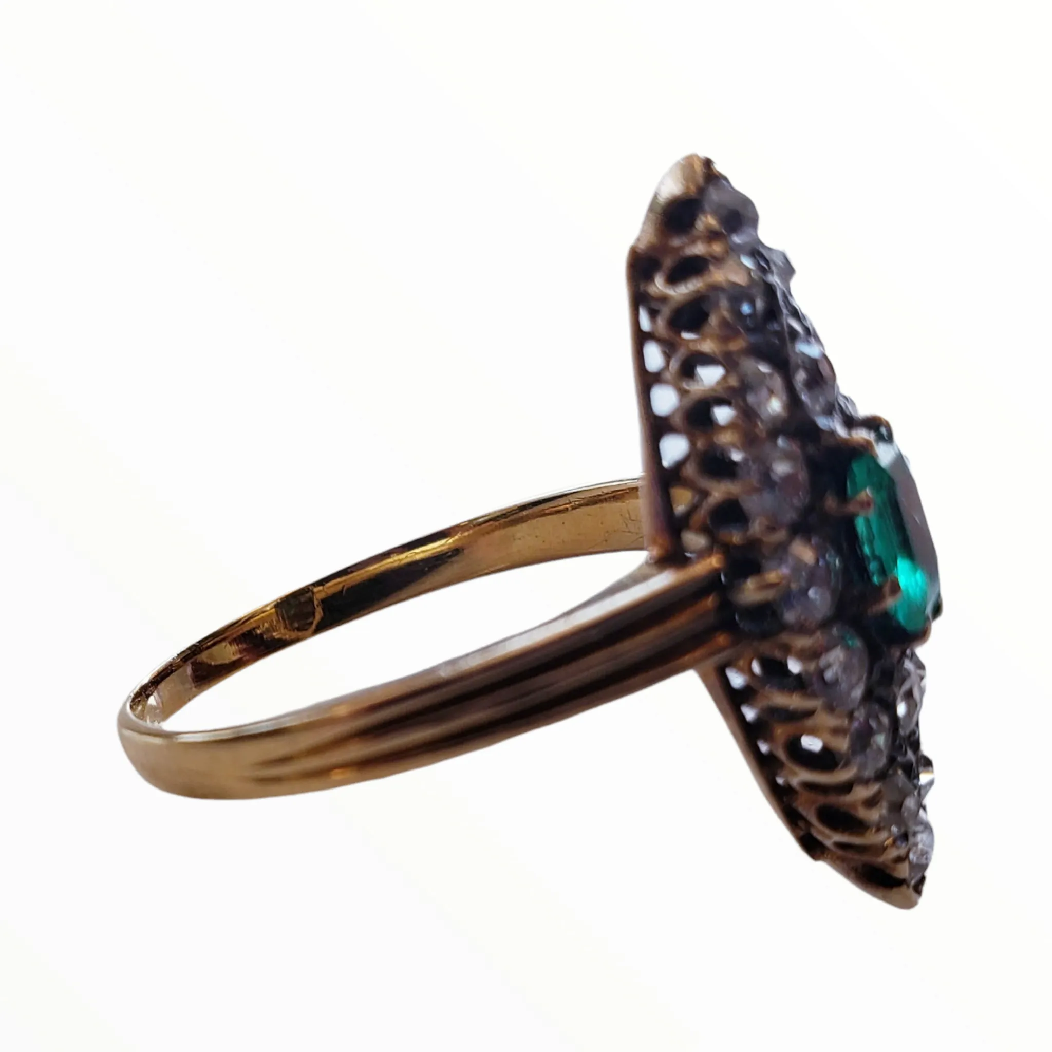 Antique Navette Emerald & Diamond Ring