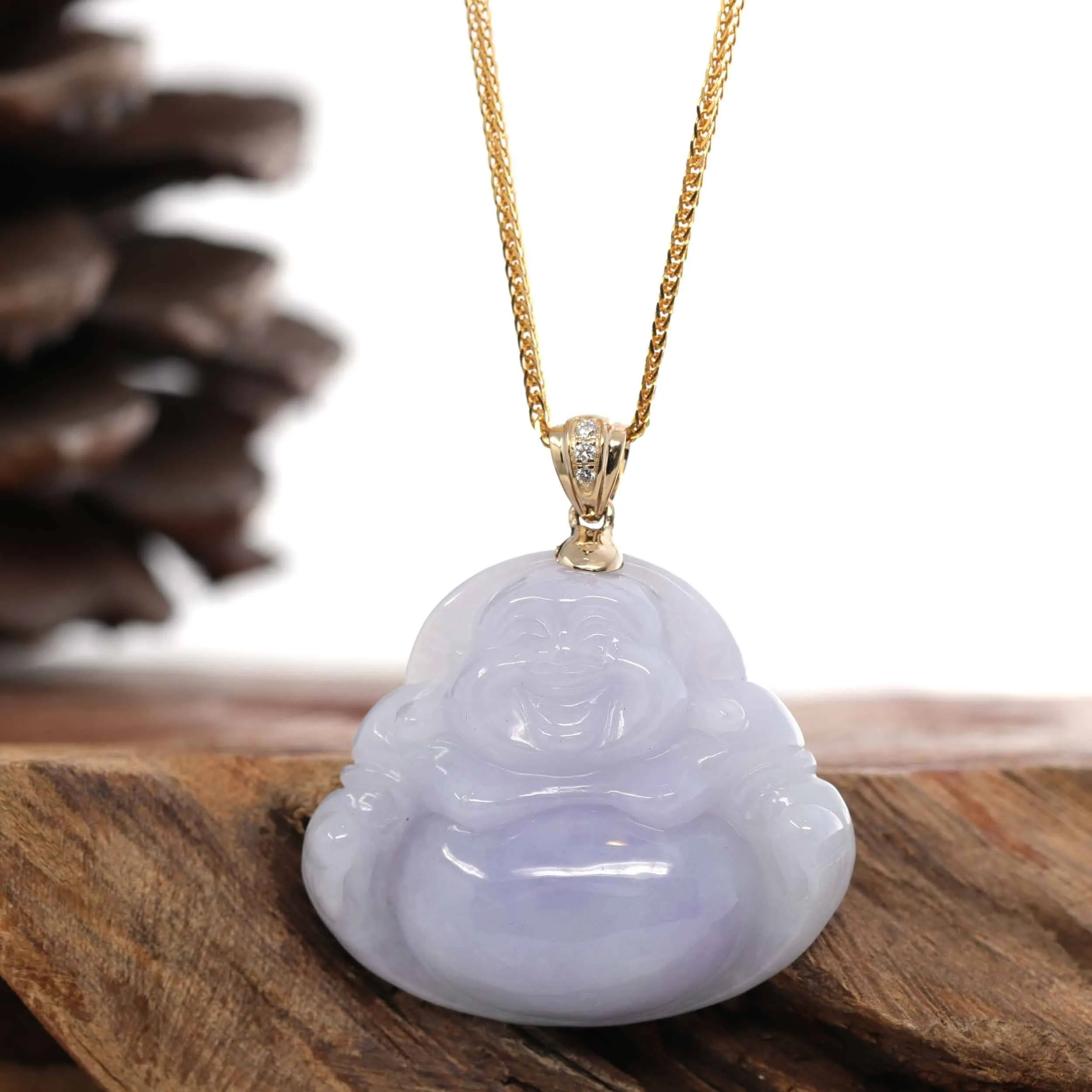 Baikalla "Laughing Buddha" 14k Yellow Gold Genuine Lavender Jadeite Jade with VS1 Diamonds Bail