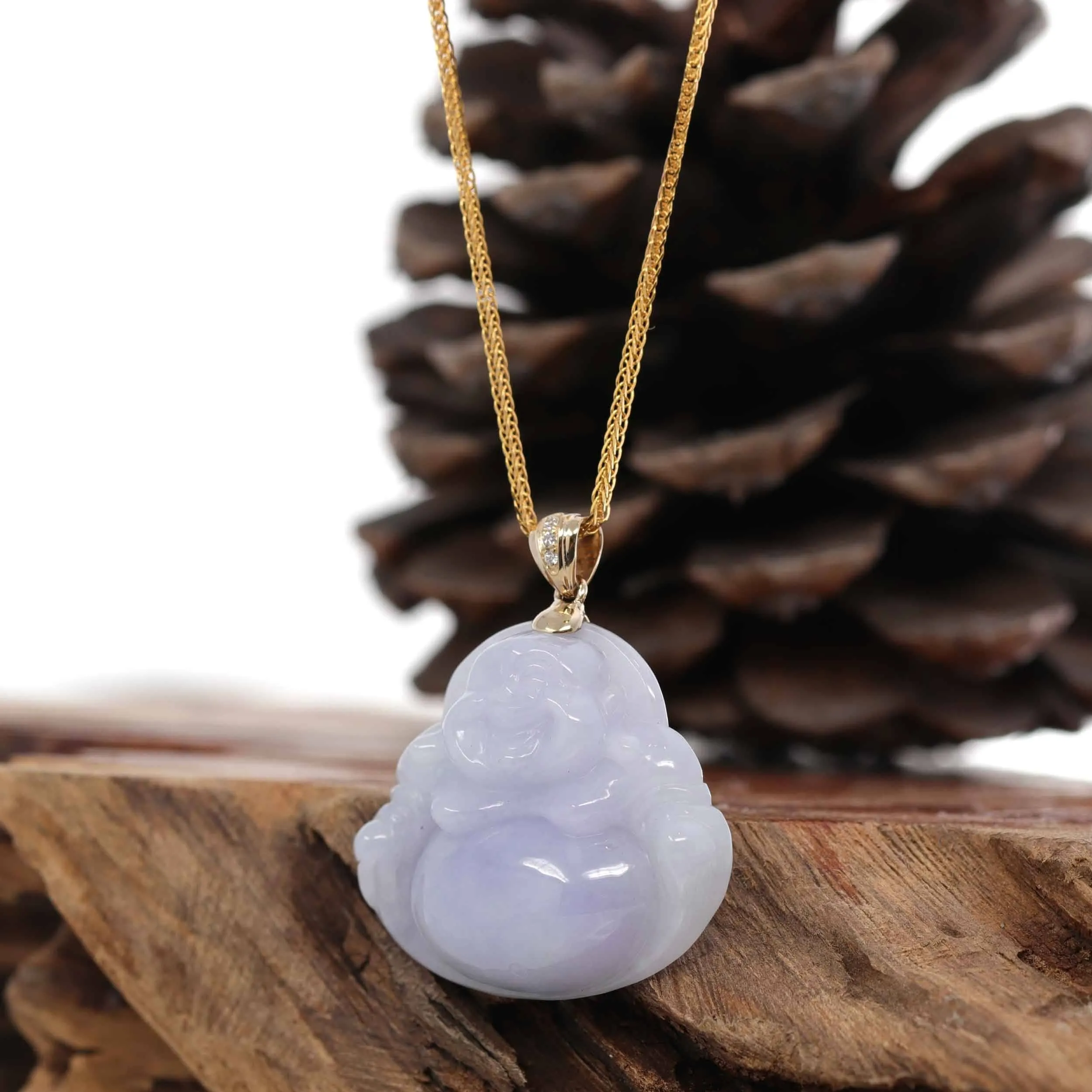 Baikalla "Laughing Buddha" 14k Yellow Gold Genuine Lavender Jadeite Jade with VS1 Diamonds Bail