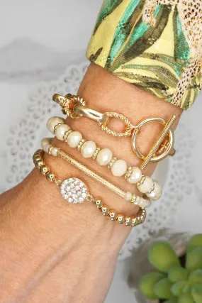 Beaded Bracelets set of 4 Off-White Glass Beads with Gold crystal paved sparkly bracelet Metal bead Toggle