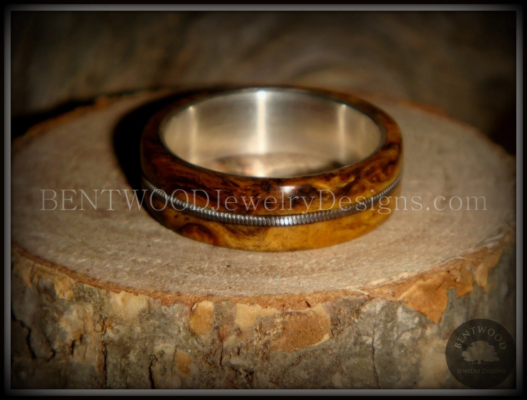 Bentwood Ring - Buckeye Burl California Wood Ring with Fine Silver Core and Guitar String Inlay