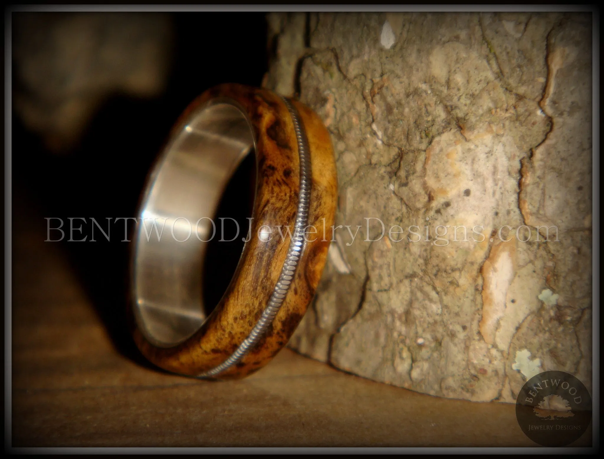 Bentwood Ring - Buckeye Burl California Wood Ring with Fine Silver Core and Guitar String Inlay