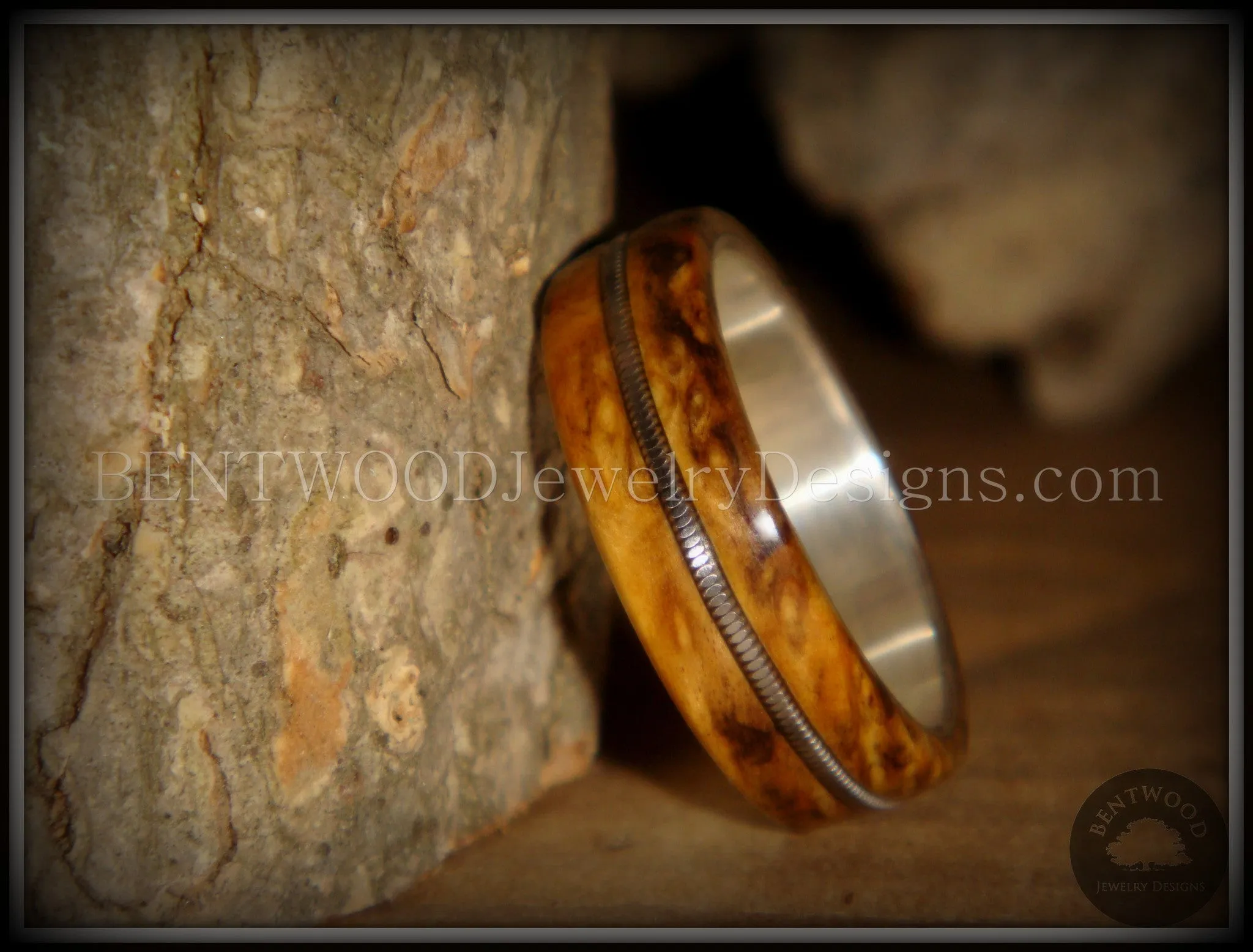 Bentwood Ring - Buckeye Burl California Wood Ring with Fine Silver Core and Guitar String Inlay