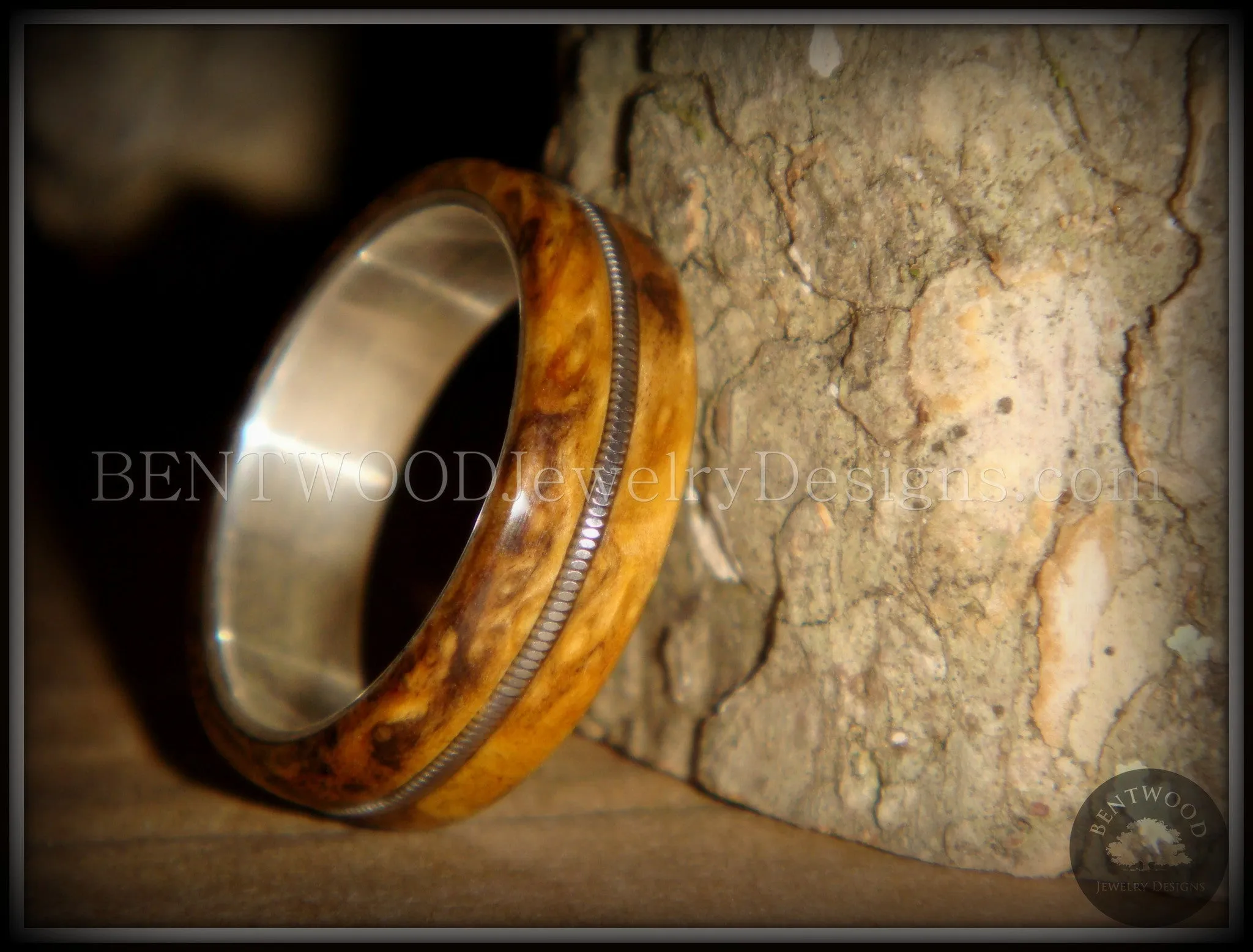 Bentwood Ring - Buckeye Burl California Wood Ring with Fine Silver Core and Guitar String Inlay