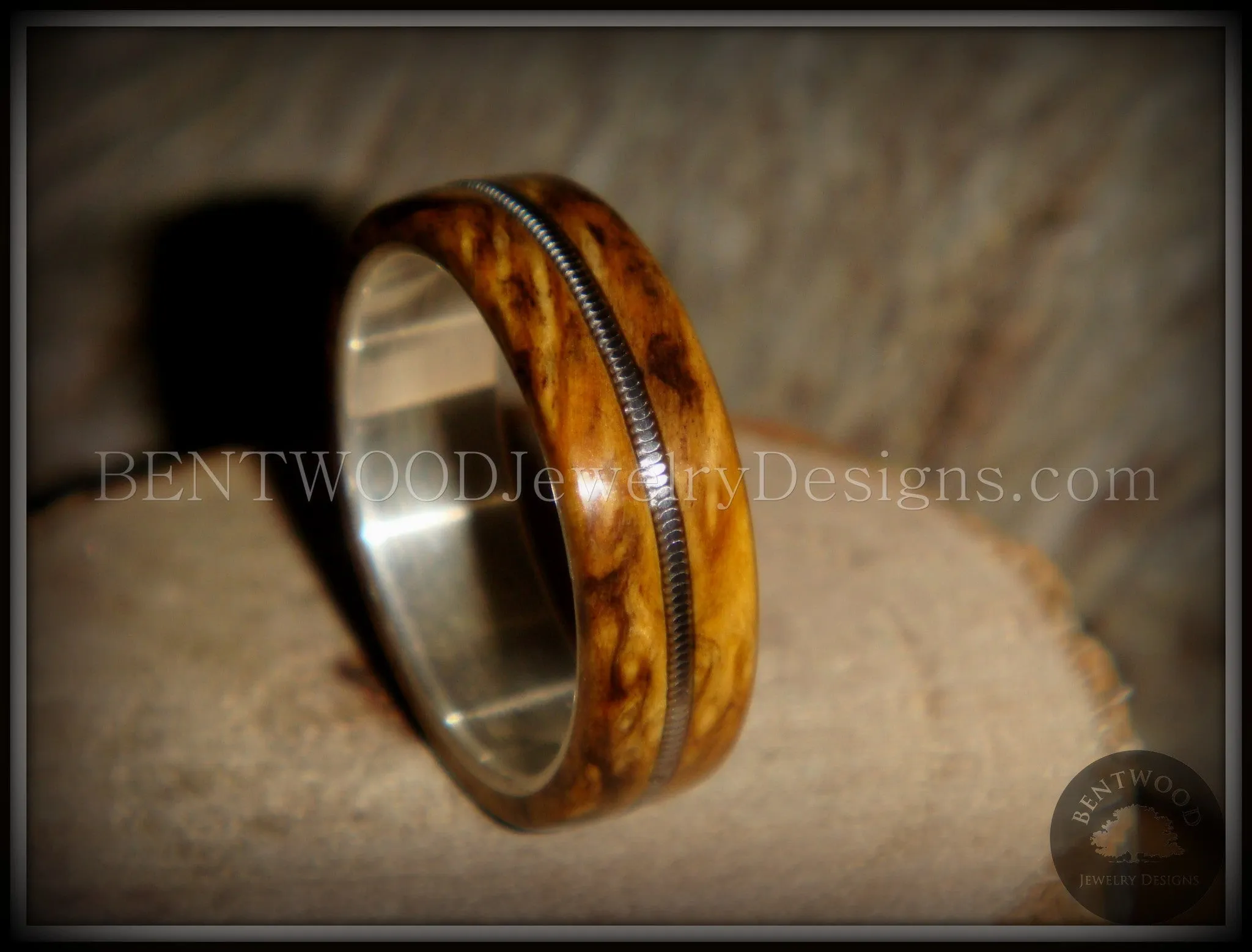 Bentwood Ring - Buckeye Burl California Wood Ring with Fine Silver Core and Guitar String Inlay