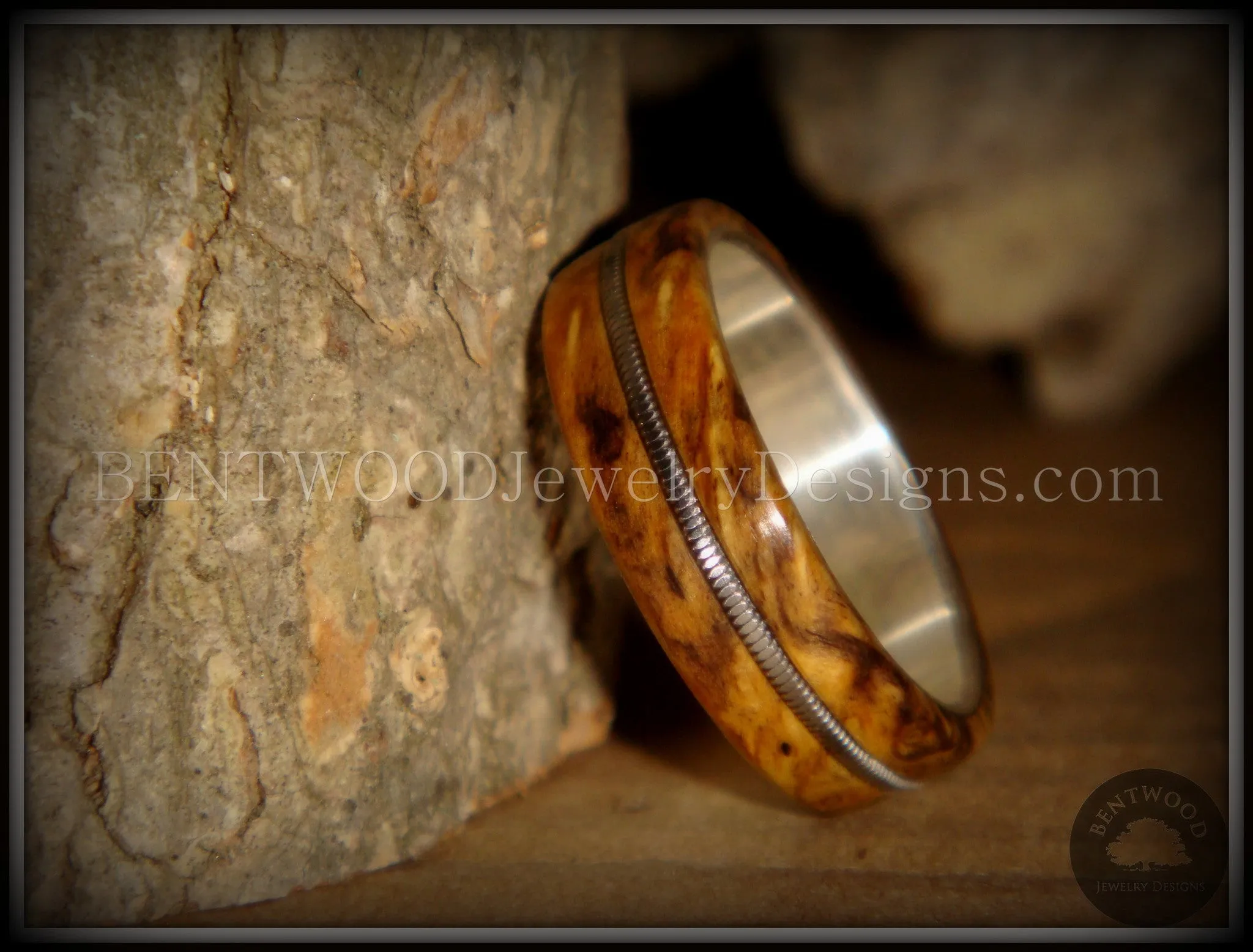 Bentwood Ring - Buckeye Burl California Wood Ring with Fine Silver Core and Guitar String Inlay