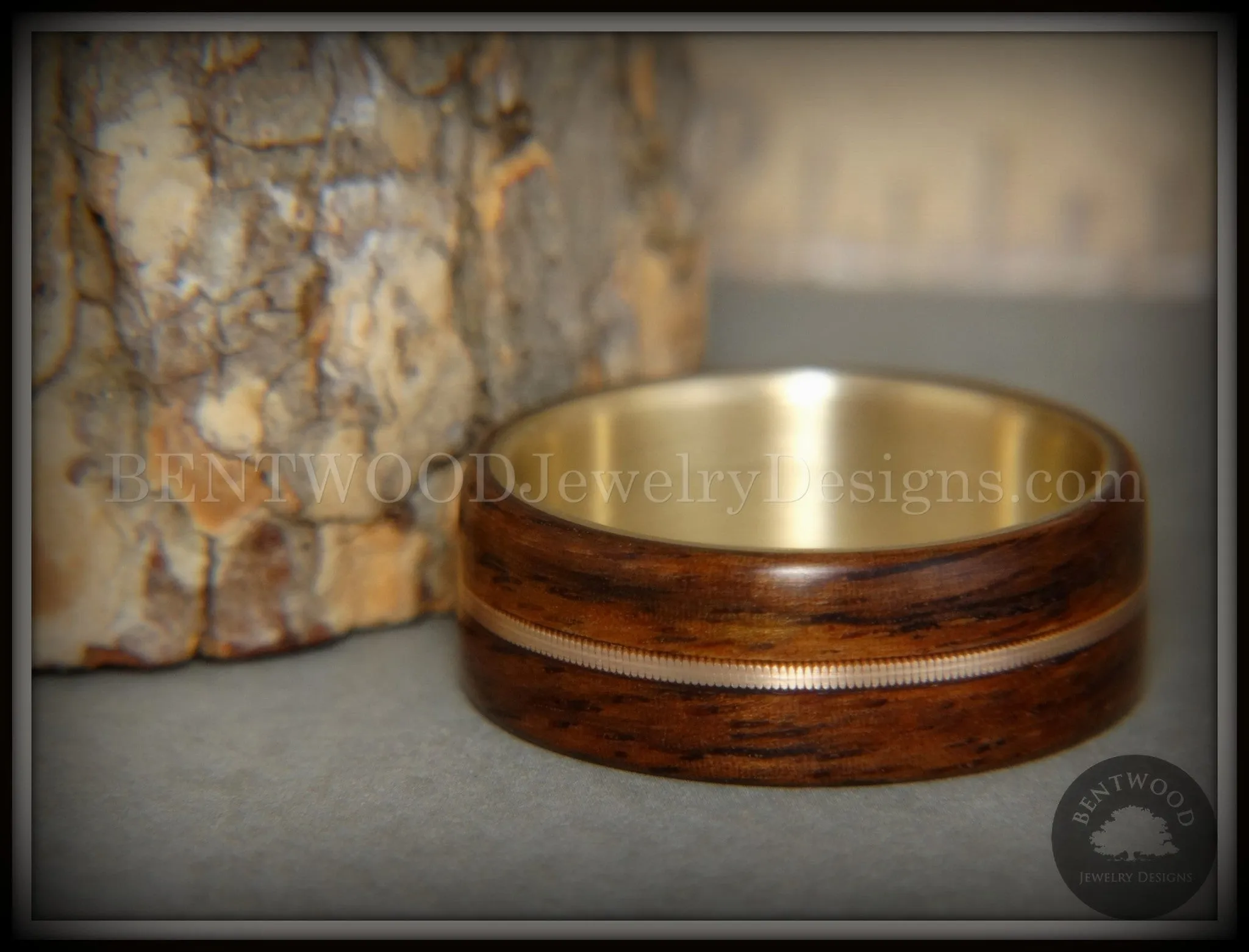 Bentwood Ring - Golden Gate Acoustic Rosewood Wood Ring Bronze Acoustic Guitar String Inlay on 14k Solid Yellow Gold Core