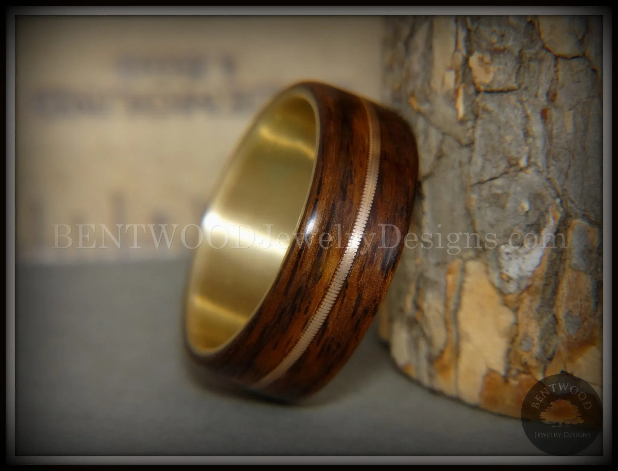 Bentwood Ring - Golden Gate Acoustic Rosewood Wood Ring Bronze Acoustic Guitar String Inlay on 14k Solid Yellow Gold Core