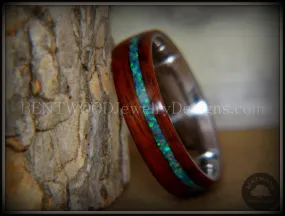 Bentwood Ring - Peacock Rosewood Wood Ring with Opal Inlay on Surgical Grade Stainless Steel Comfort Fit Metal Core