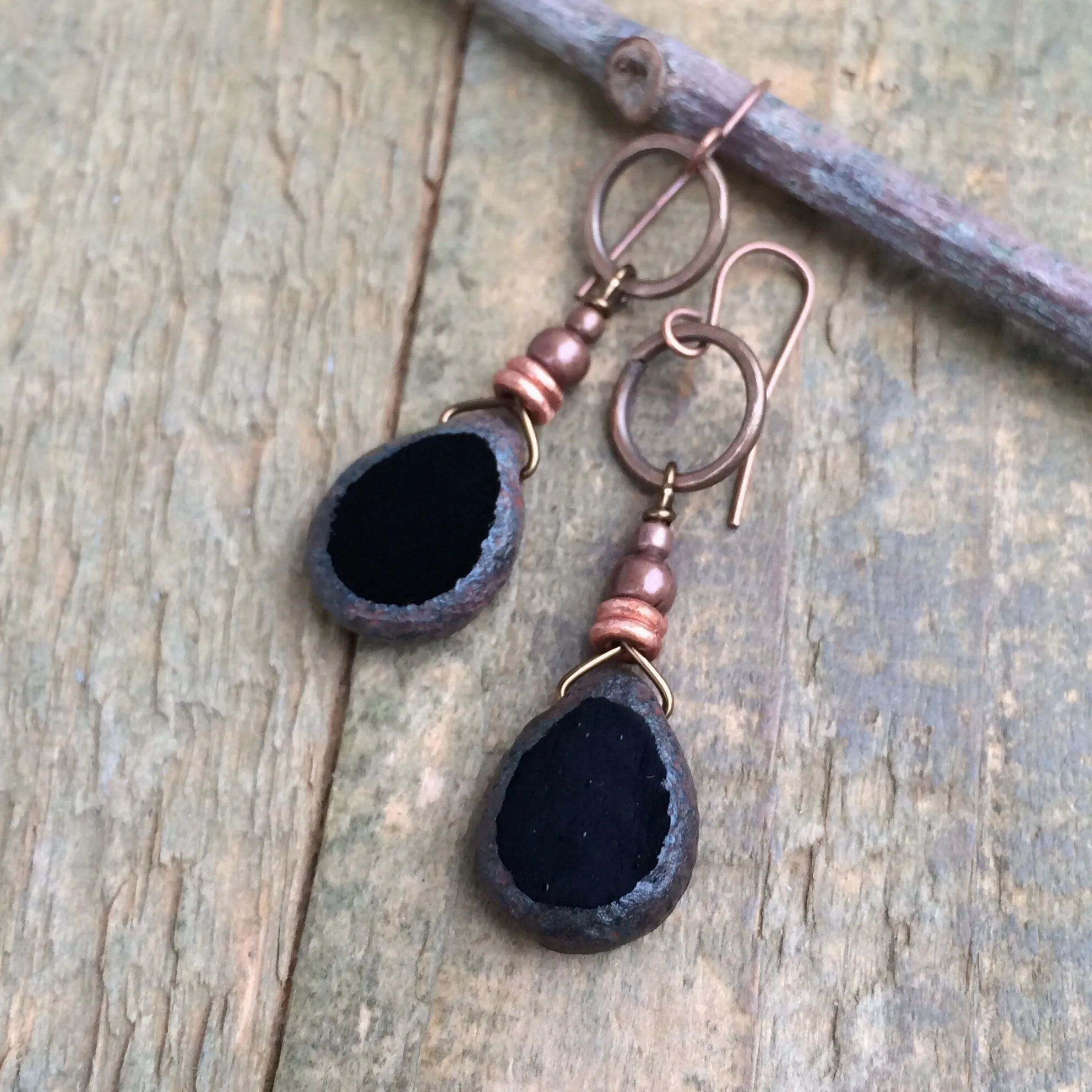 Black Czech Glass Teardrop Earrings, Black Drop Earrings