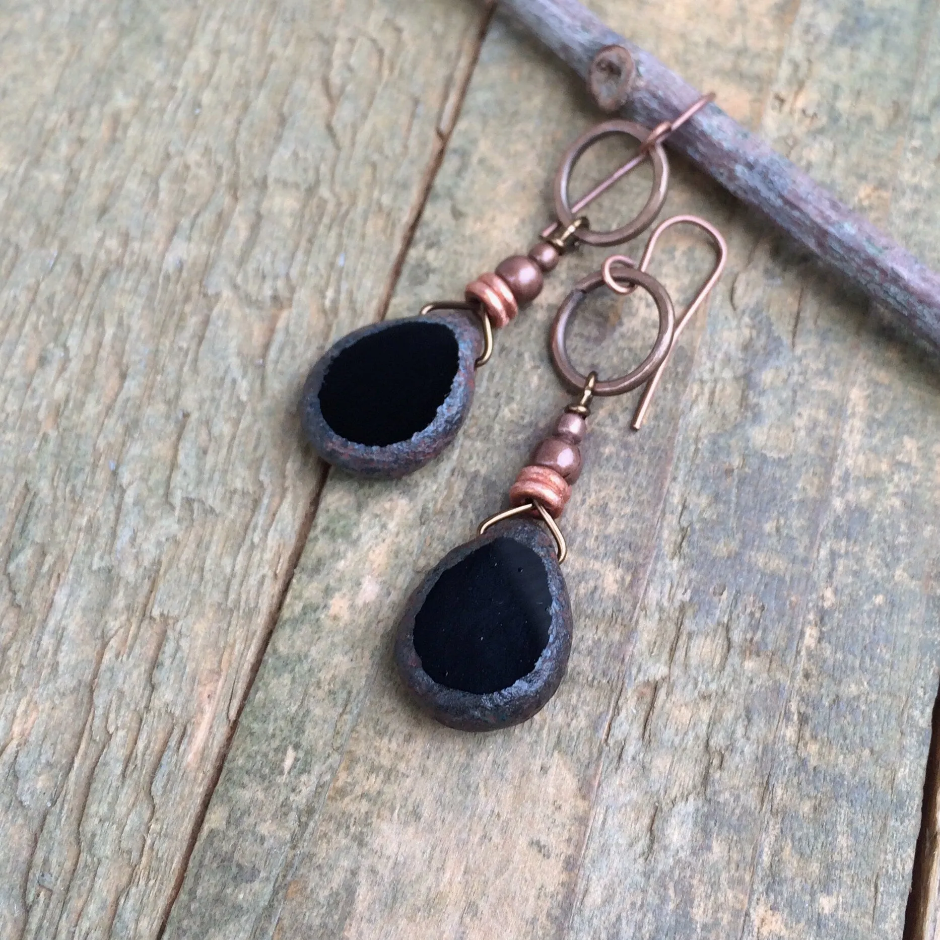 Black Czech Glass Teardrop Earrings, Black Drop Earrings