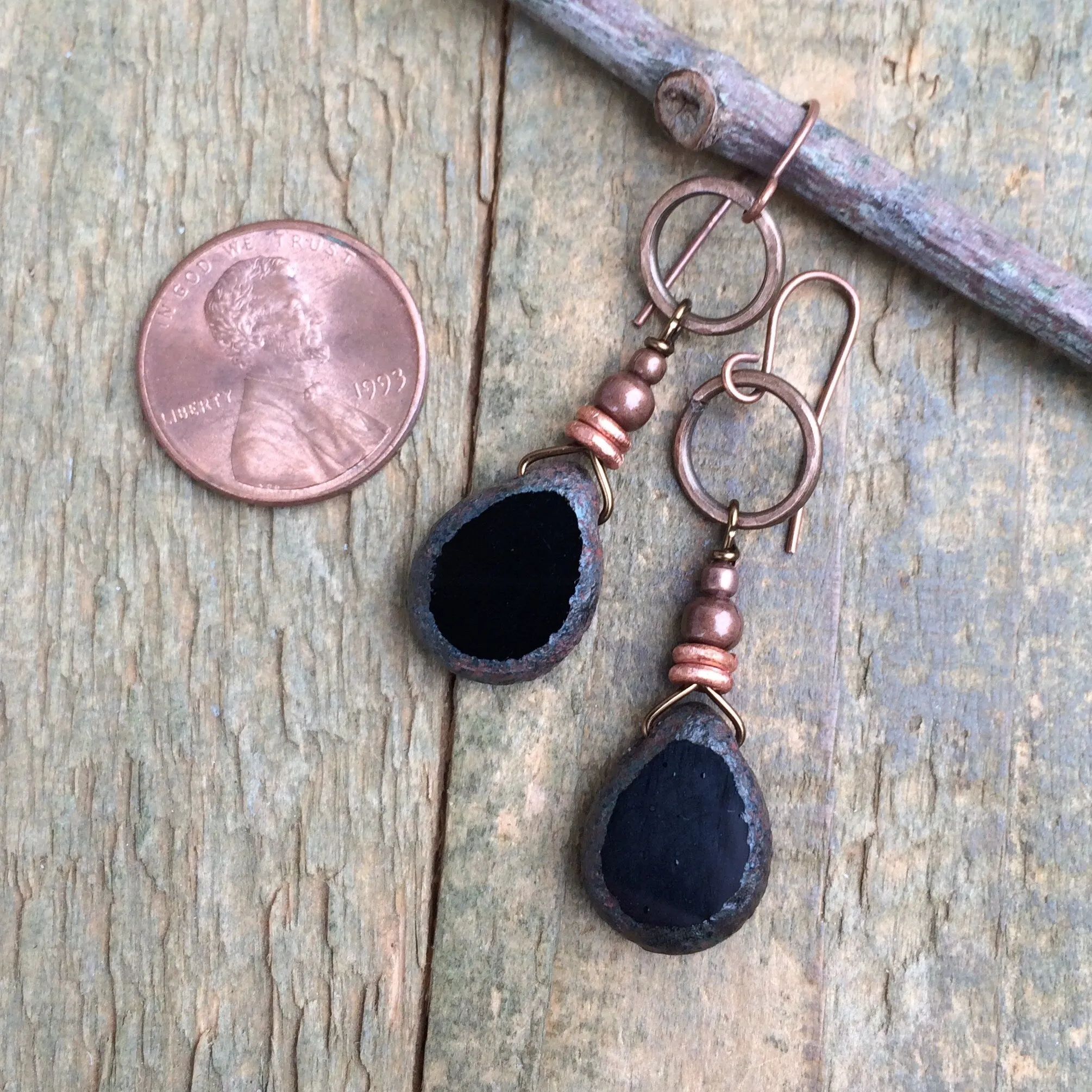 Black Czech Glass Teardrop Earrings, Black Drop Earrings