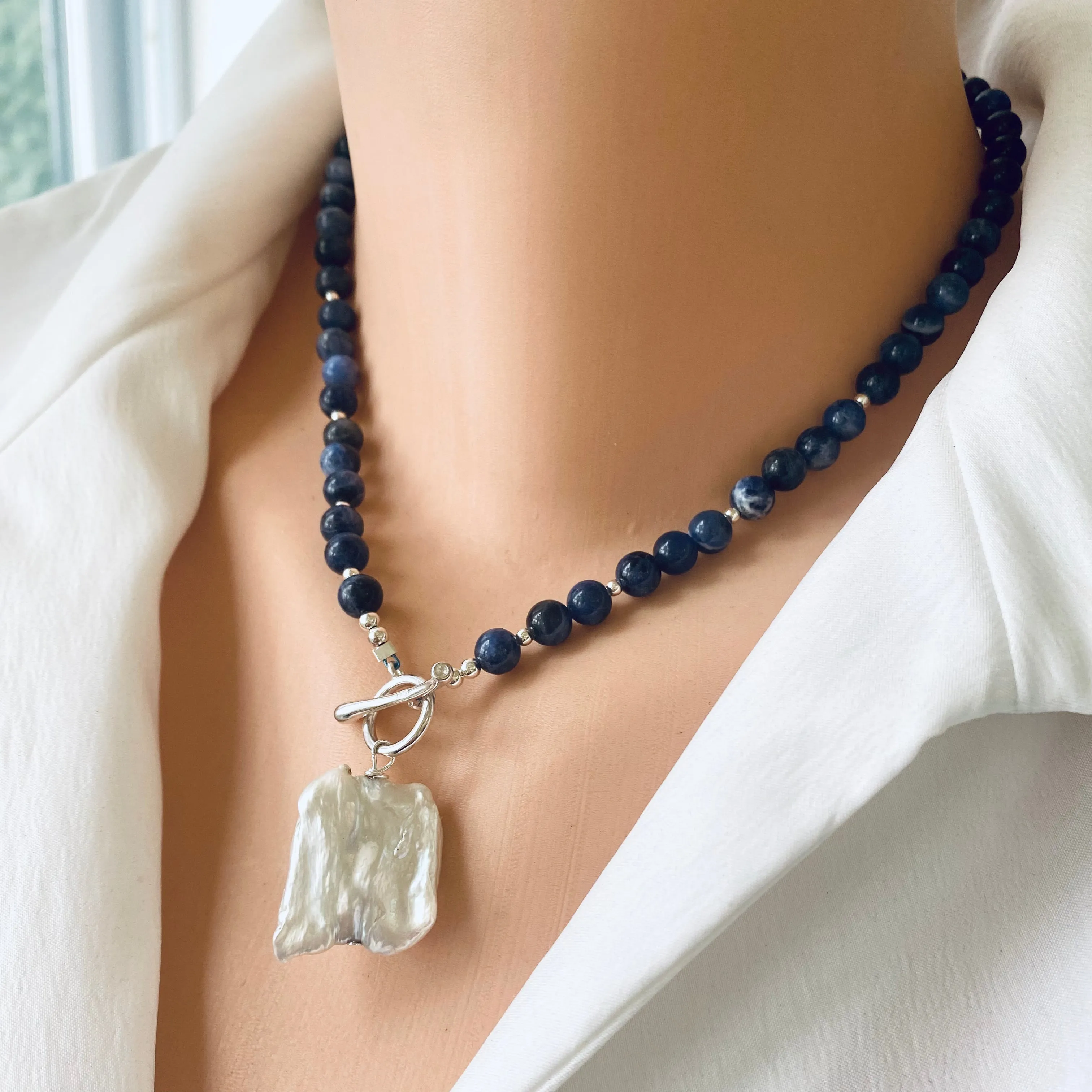 Blue Sodalite Toggle Necklace with Square Shape Keshi Pearl Pendant, Sterling Silver, 17inches