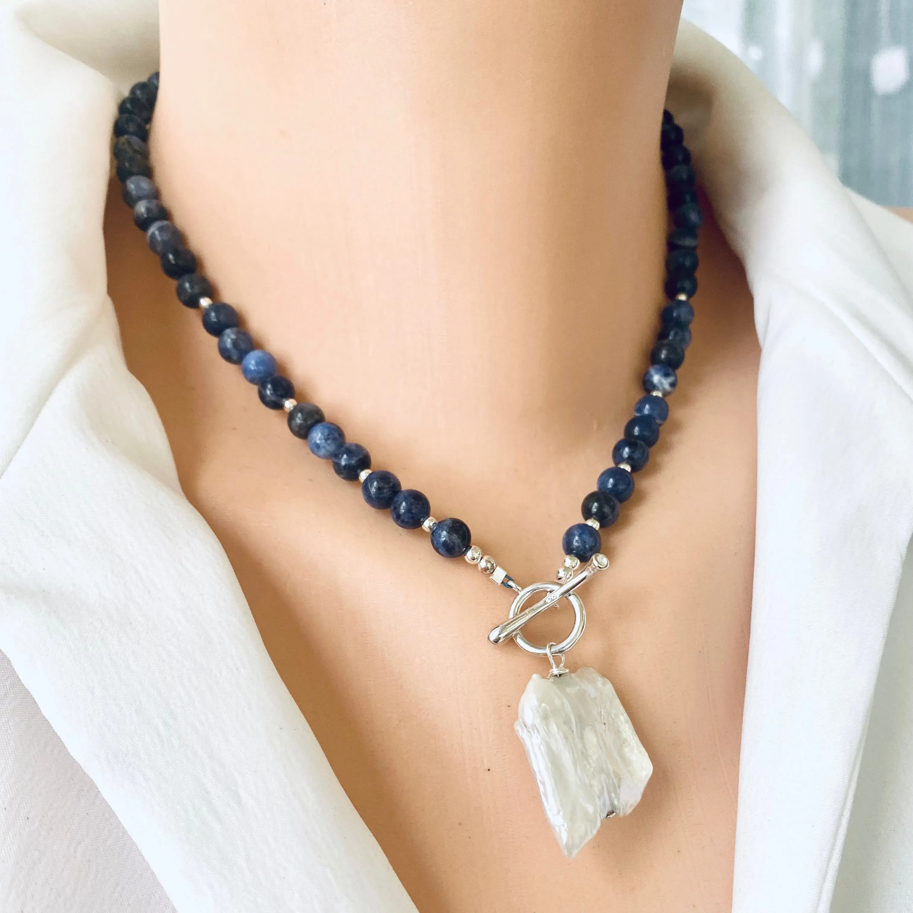 Blue Sodalite Toggle Necklace with Square Shape Keshi Pearl Pendant, Sterling Silver, 17inches