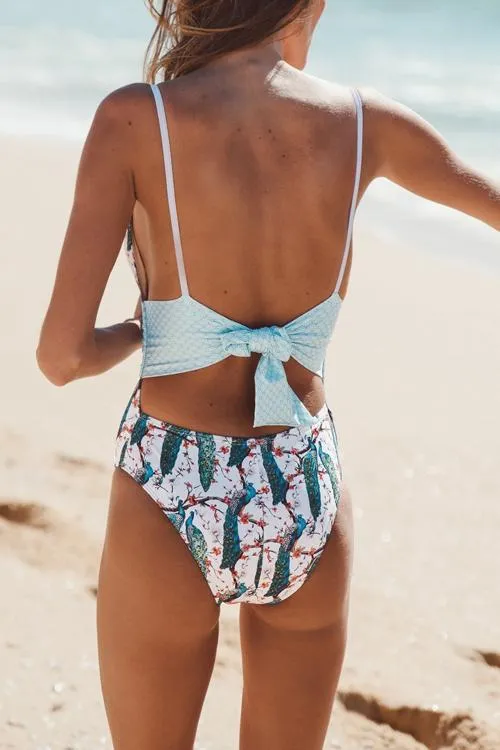 Bow Tie Floral Print One Piece Swimwear