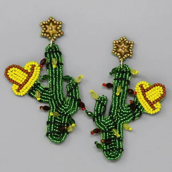 Christmas Cactus Seed Beaded Drop Earrings