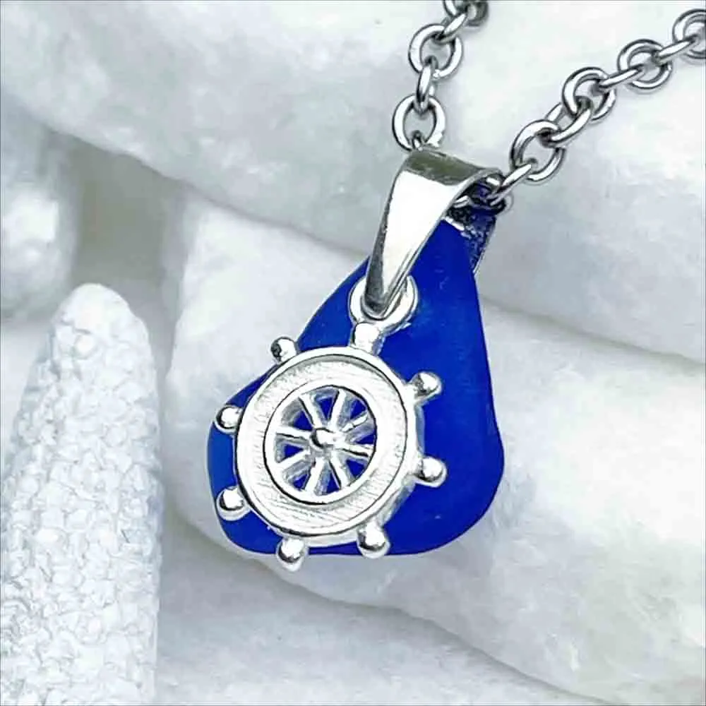 Cobalt Blue Sea Glass Pendant with Sterling Silver Ships Wheel Charm | 5265