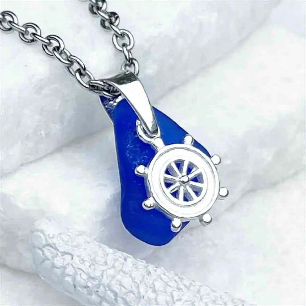 Cobalt Blue Sea Glass Pendant with Sterling Silver Ships Wheel Charm | 5265