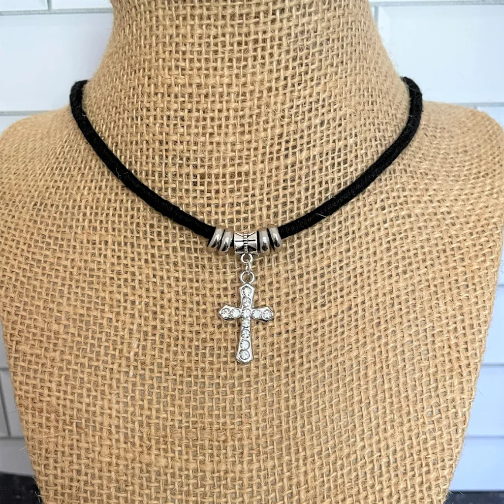 Crystal Silver Cross Choker