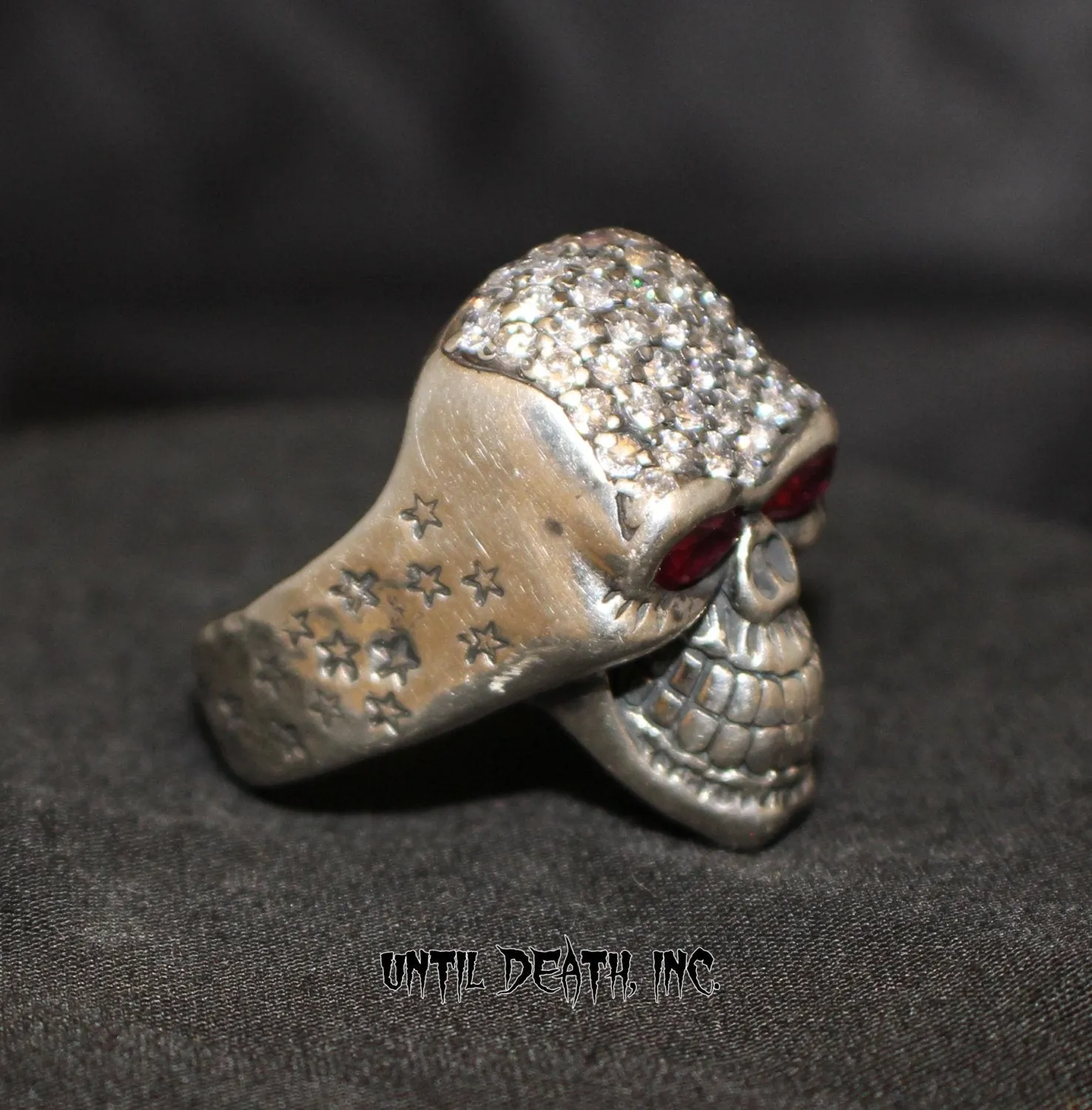 Custom Diamond Pave' Smiling Skull Ring With Ruby Eyes in STERLING SILVER- UDINC0073