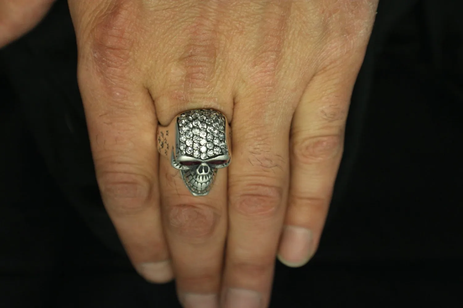 Custom Diamond Pave' Smiling Skull Ring With Ruby Eyes in STERLING SILVER- UDINC0073