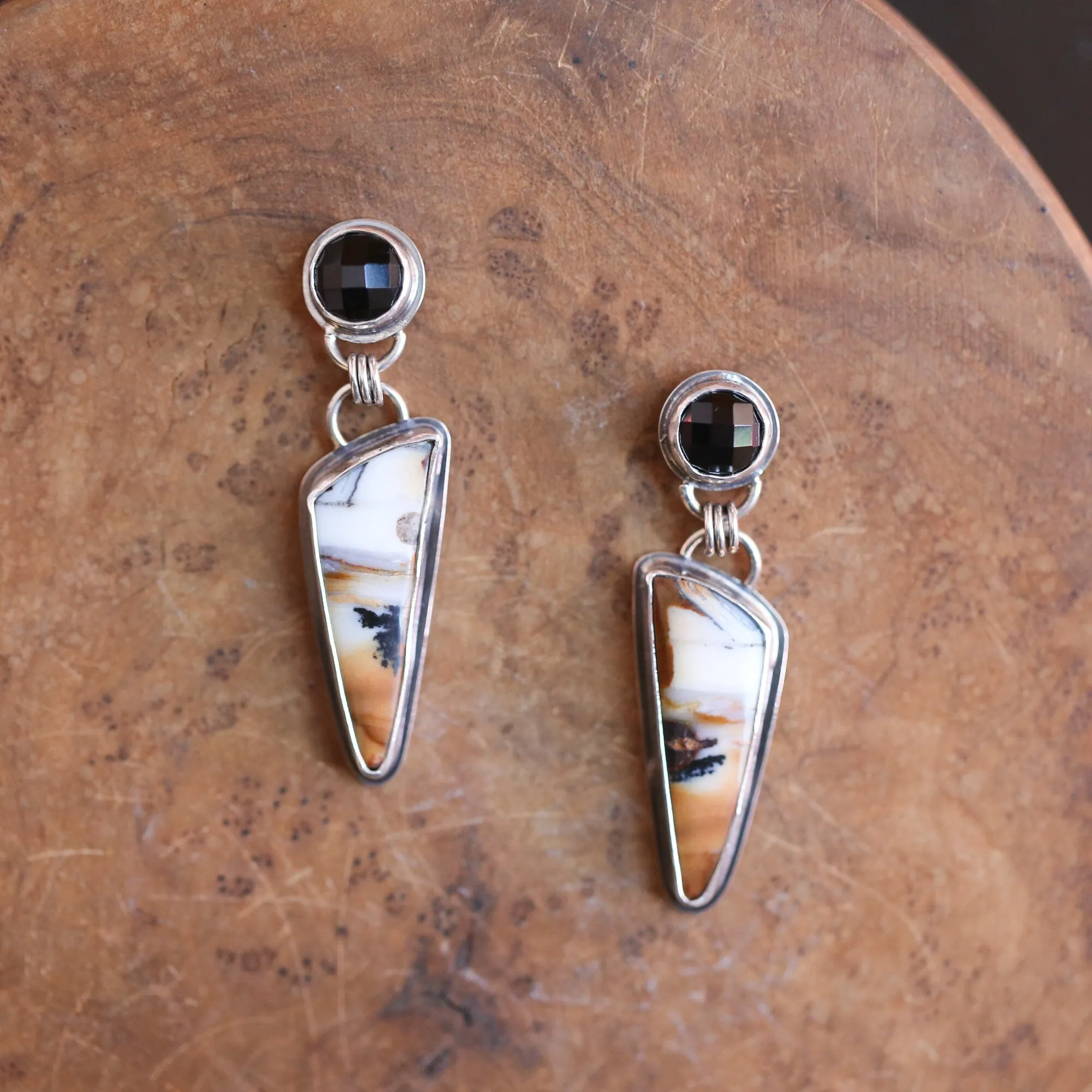 Dendtrite & Black Agate Post Drops - .925 Sterling Silver - Two Stone Earrings - Ready to Ship - OOAK