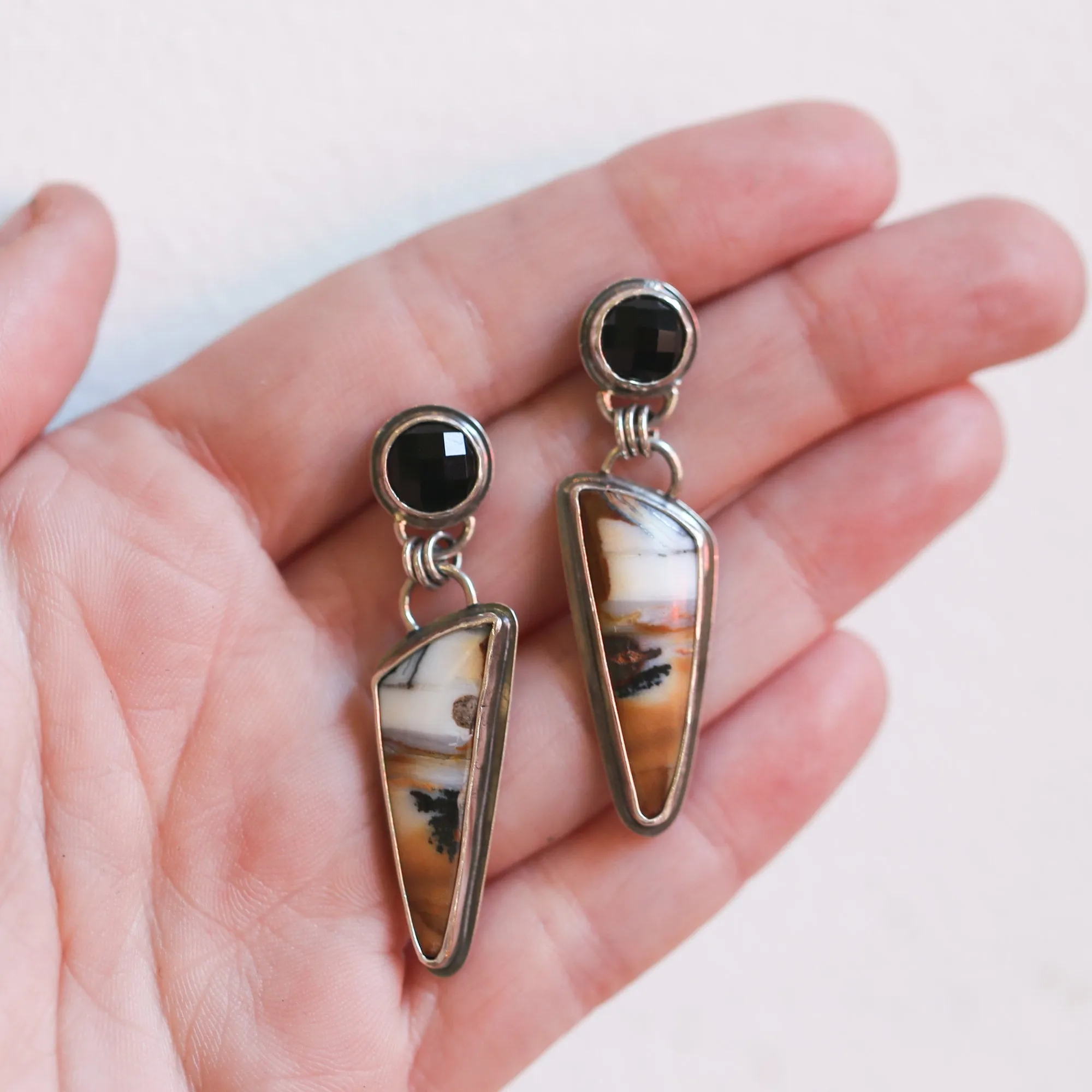 Dendtrite & Black Agate Post Drops - .925 Sterling Silver - Two Stone Earrings - Ready to Ship - OOAK