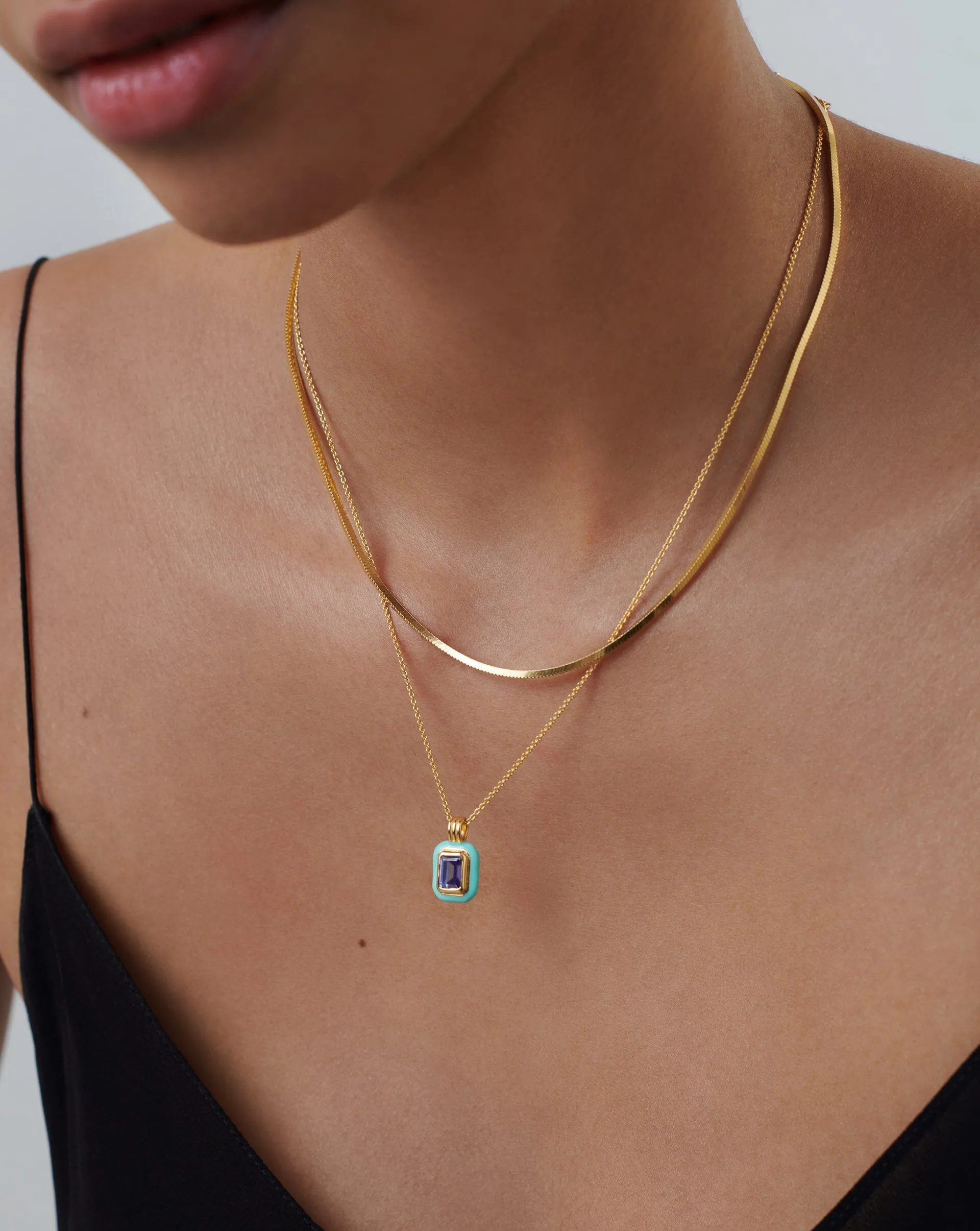 Enamel & Stone Pendant Necklace | 18ct Gold Plated Vermeil/Dark Blue Cubic Zirconia