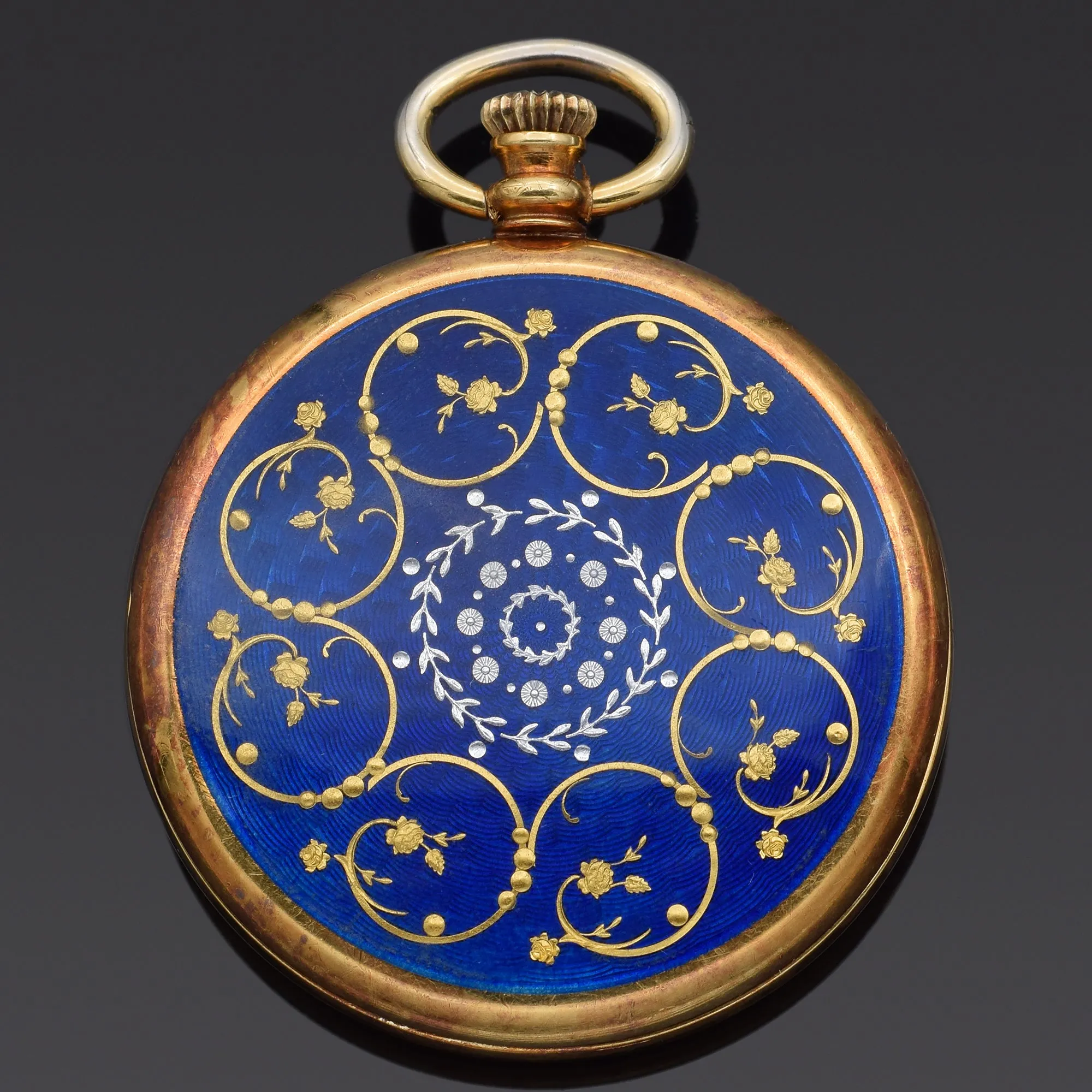 Estate Concord 18K Yellow Gold Enameled 17 Jewels Enamel Pocket Watch